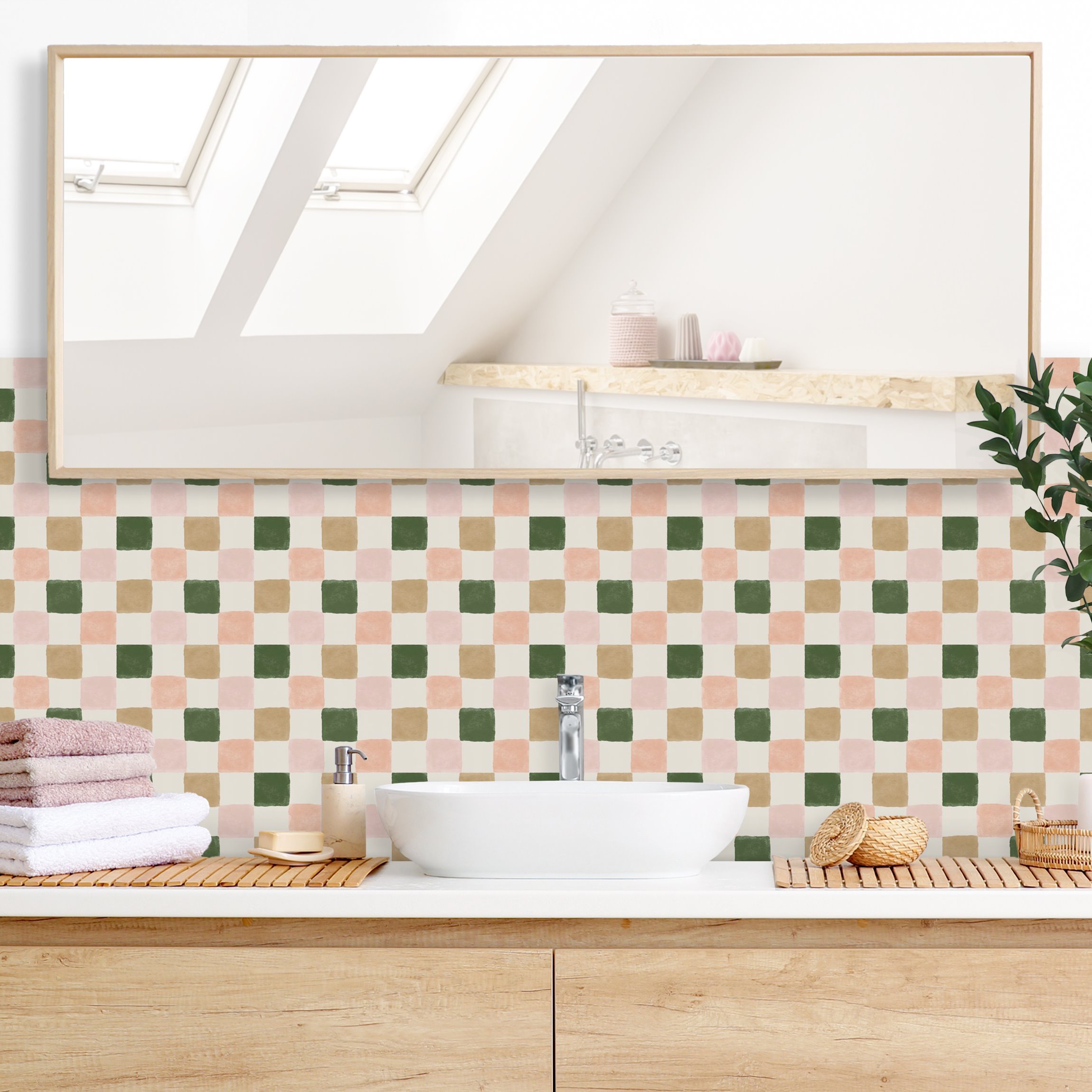Wandverkleidung Bad Retro Schachmuster Rose Dunkelgrün