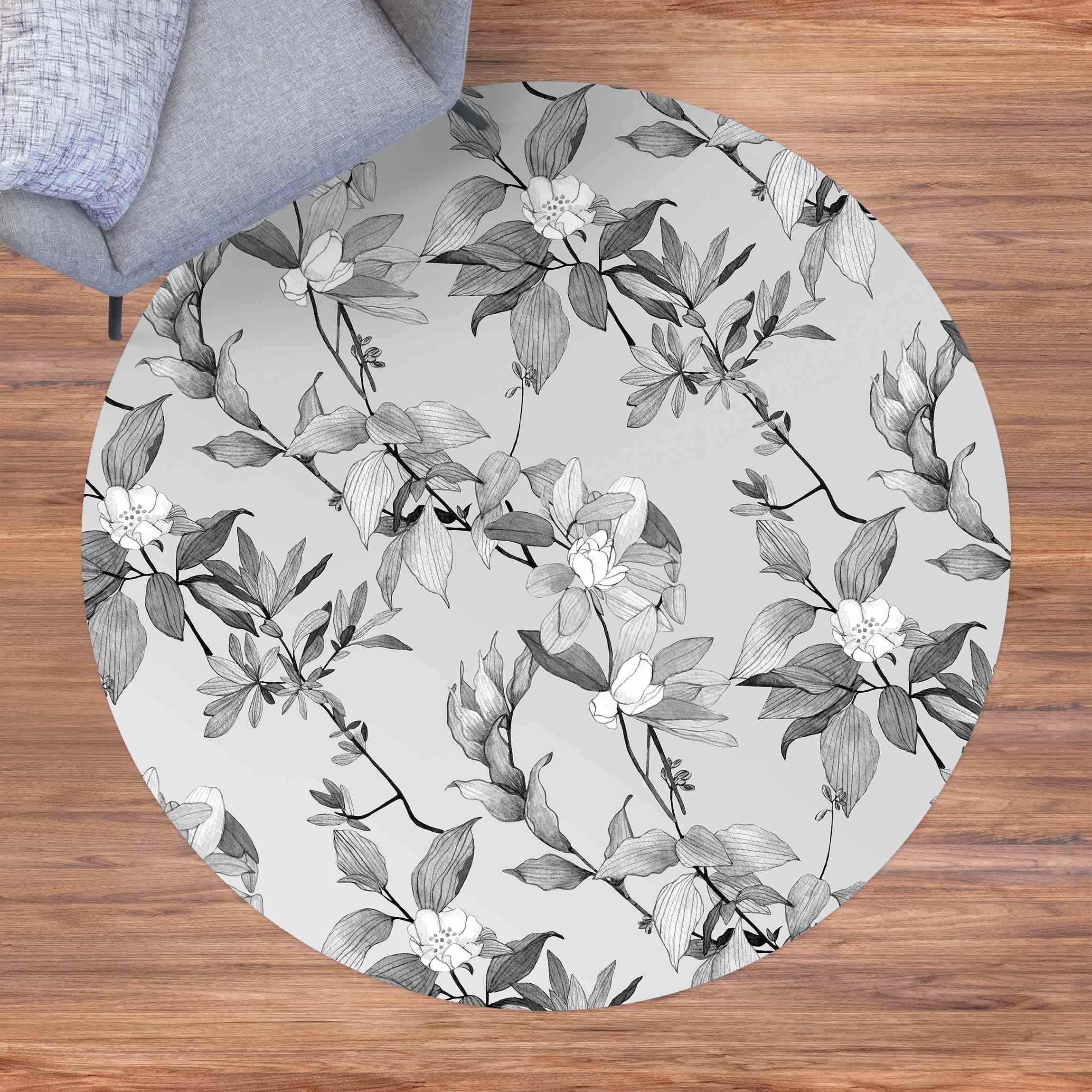Runder Vinyl-Teppich Romantisches Blütenaquarell Natur Grau