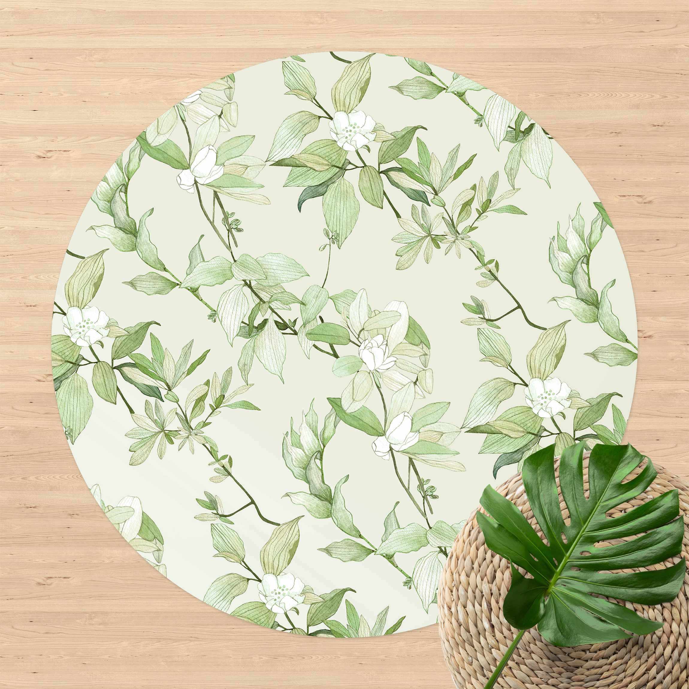 Runder Vinyl-Teppich Romantisches Blütenaquarell Natur Grün