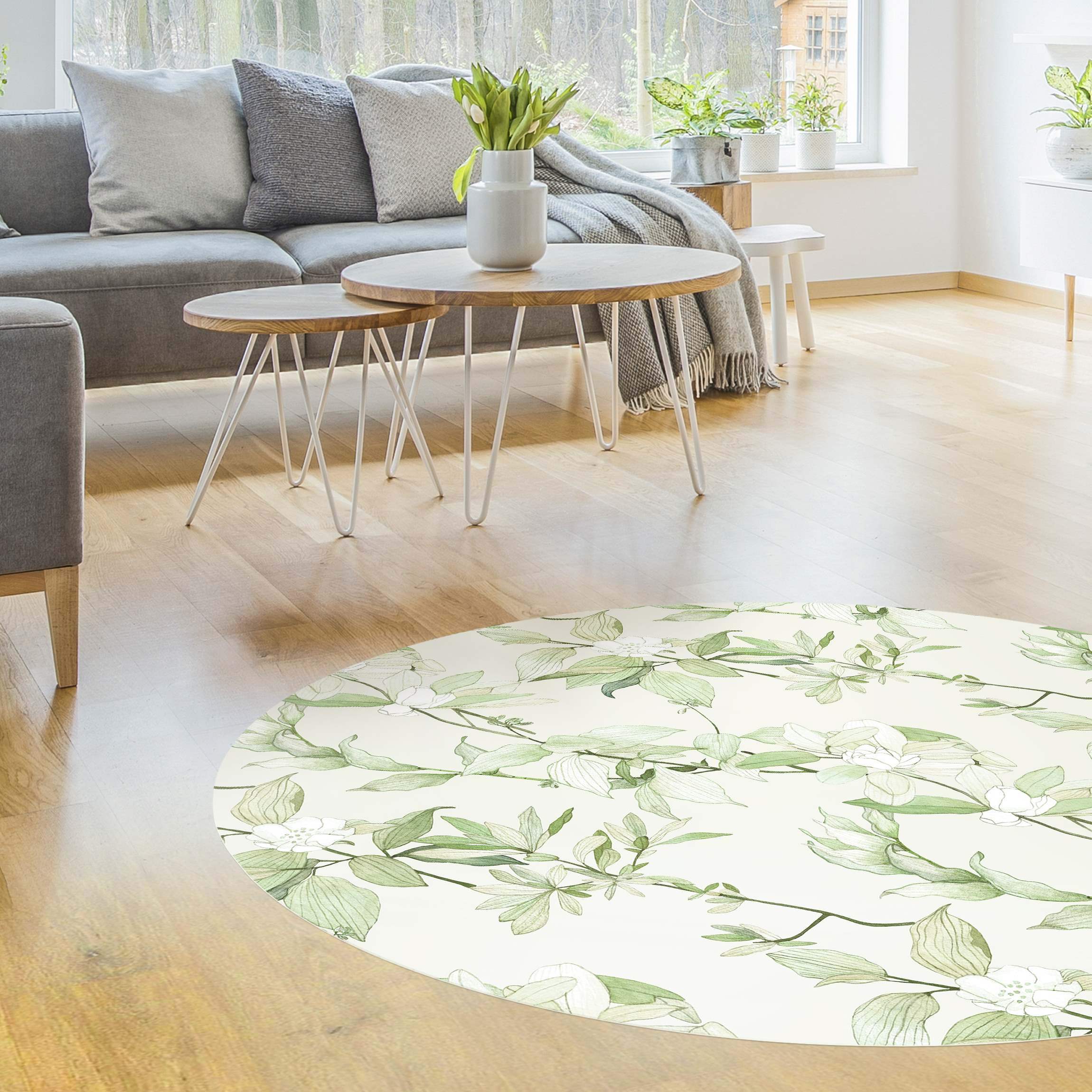 Runder Vinyl-Teppich Romantisches Blütenaquarell Natur Grün