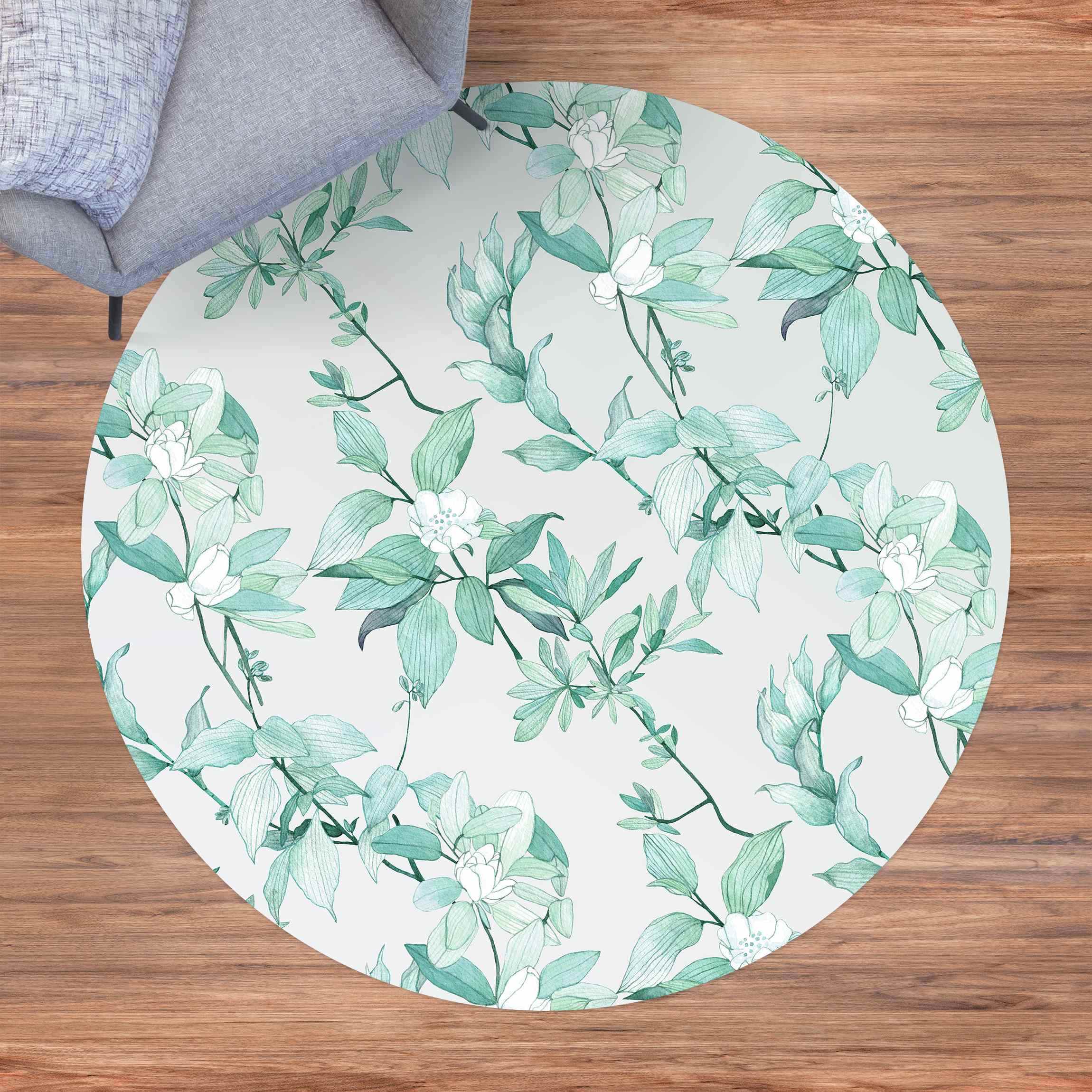 Runder Vinyl-Teppich Romantisches Blütenaquarell Natur Mint