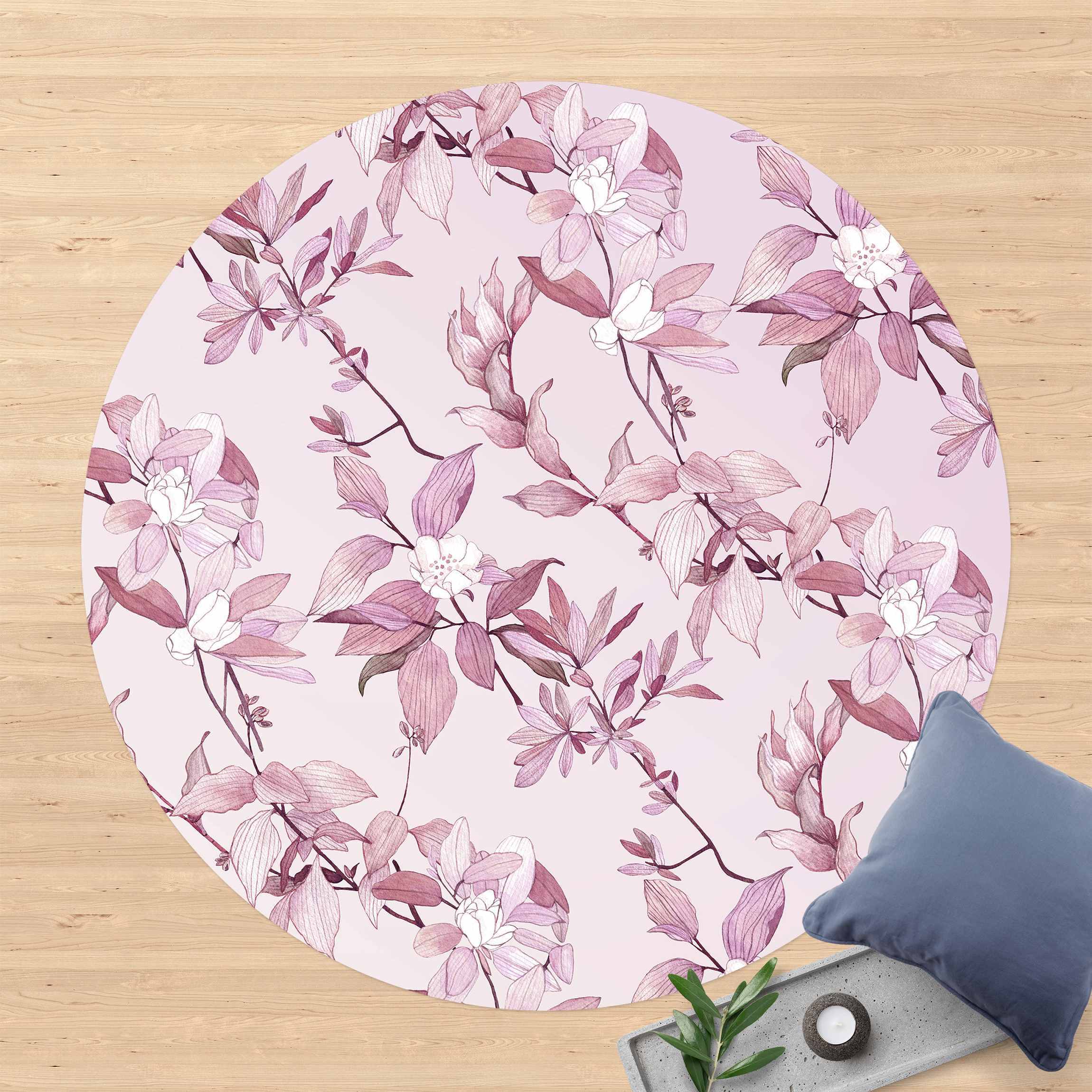Runder Vinyl-Teppich Romantisches Blütenaquarell Natur Purpur