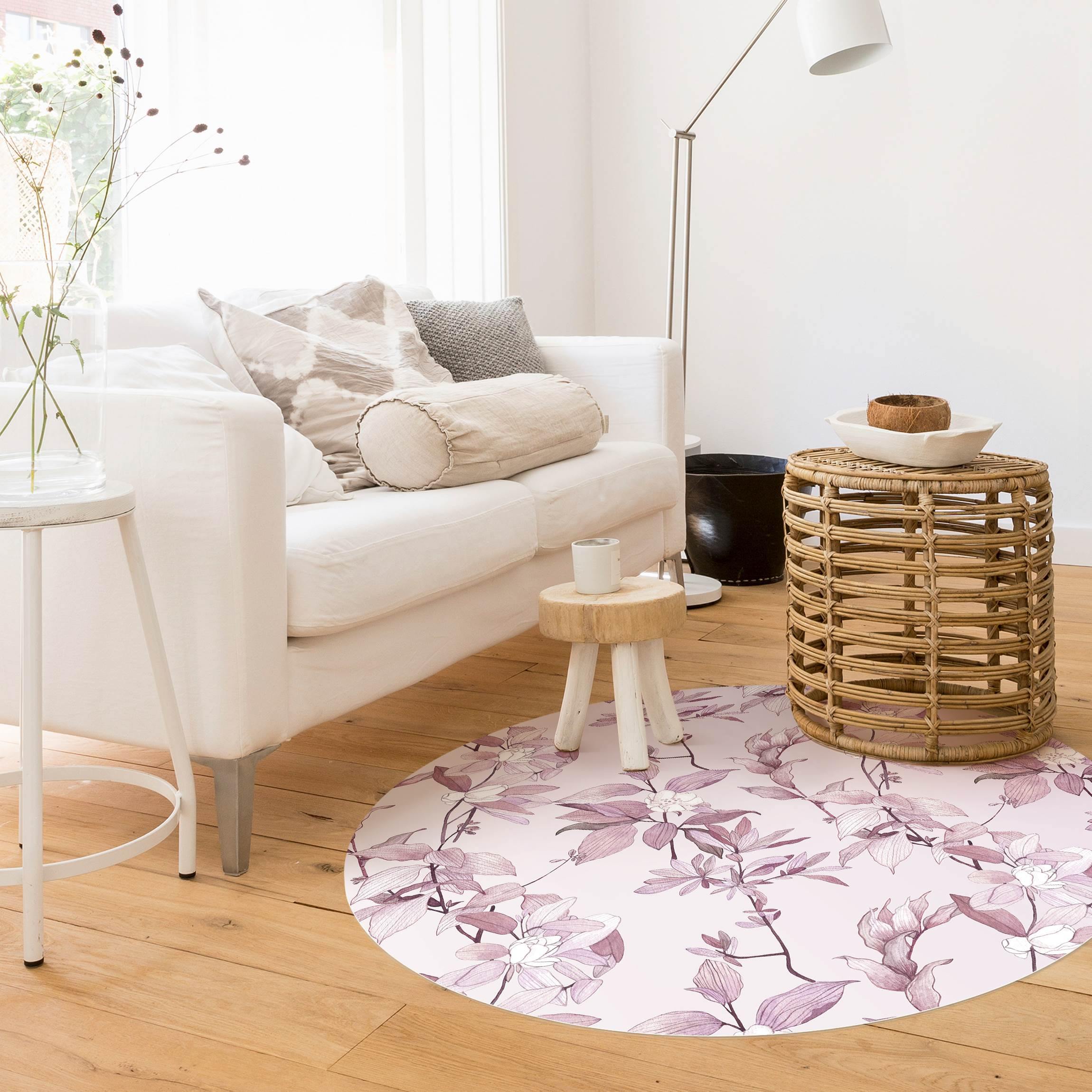 Runder Vinyl-Teppich Romantisches Blütenaquarell Natur Purpur