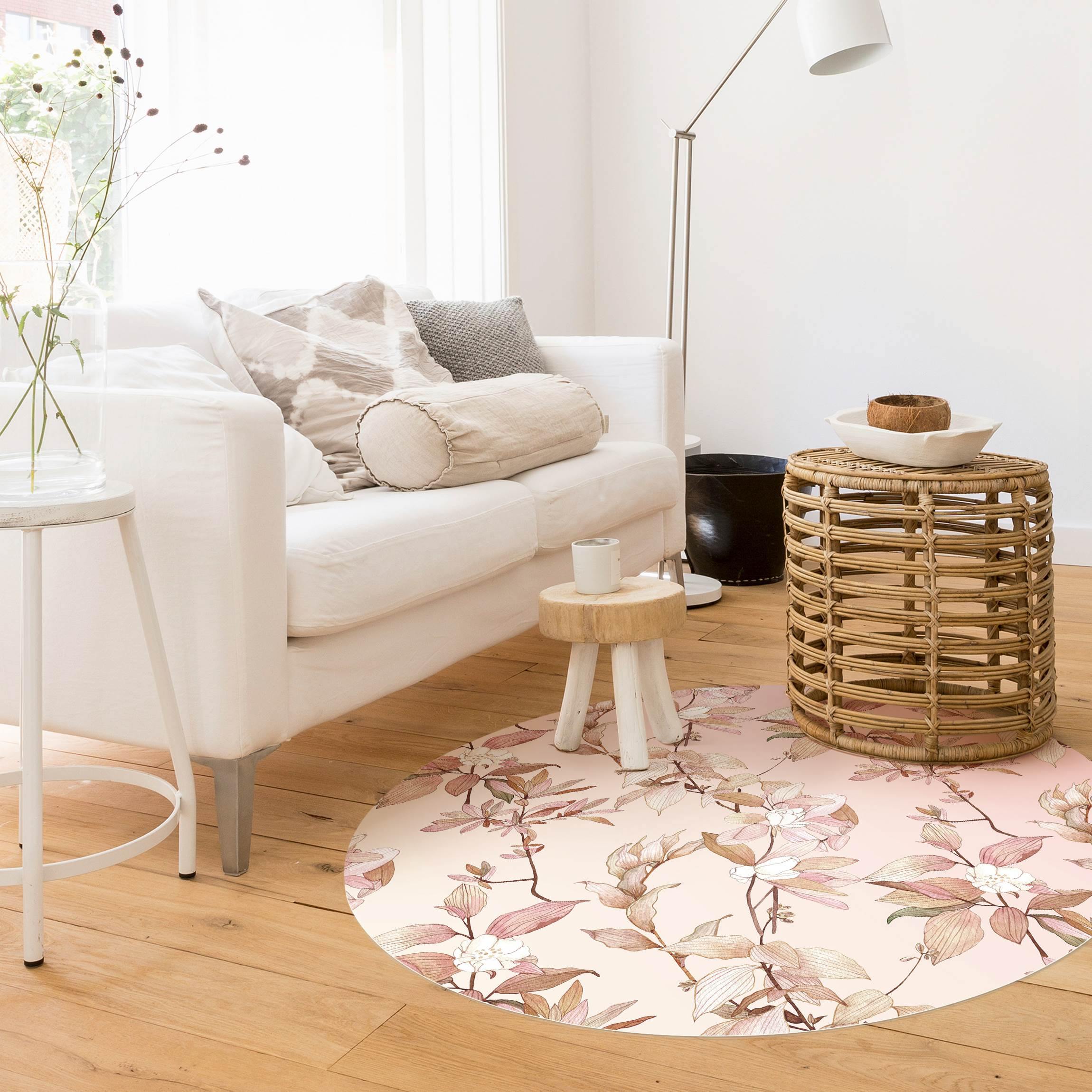 Runder Vinyl-Teppich Romantisches Blütenaquarell Natur Rosa