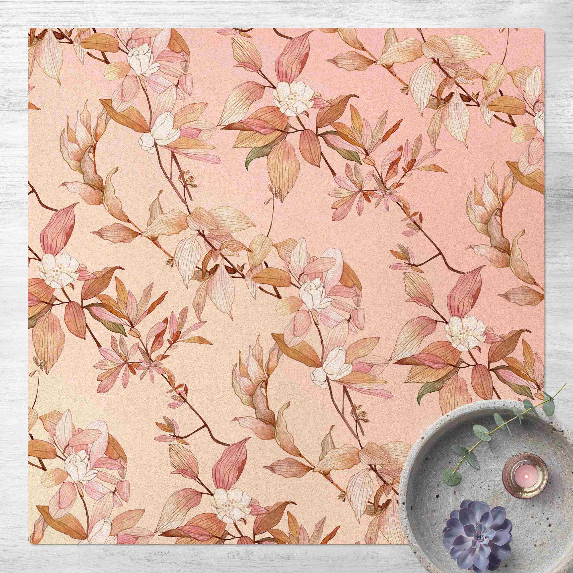 Kork-Teppich Romantisches Blütenaquarell Natur Rosa