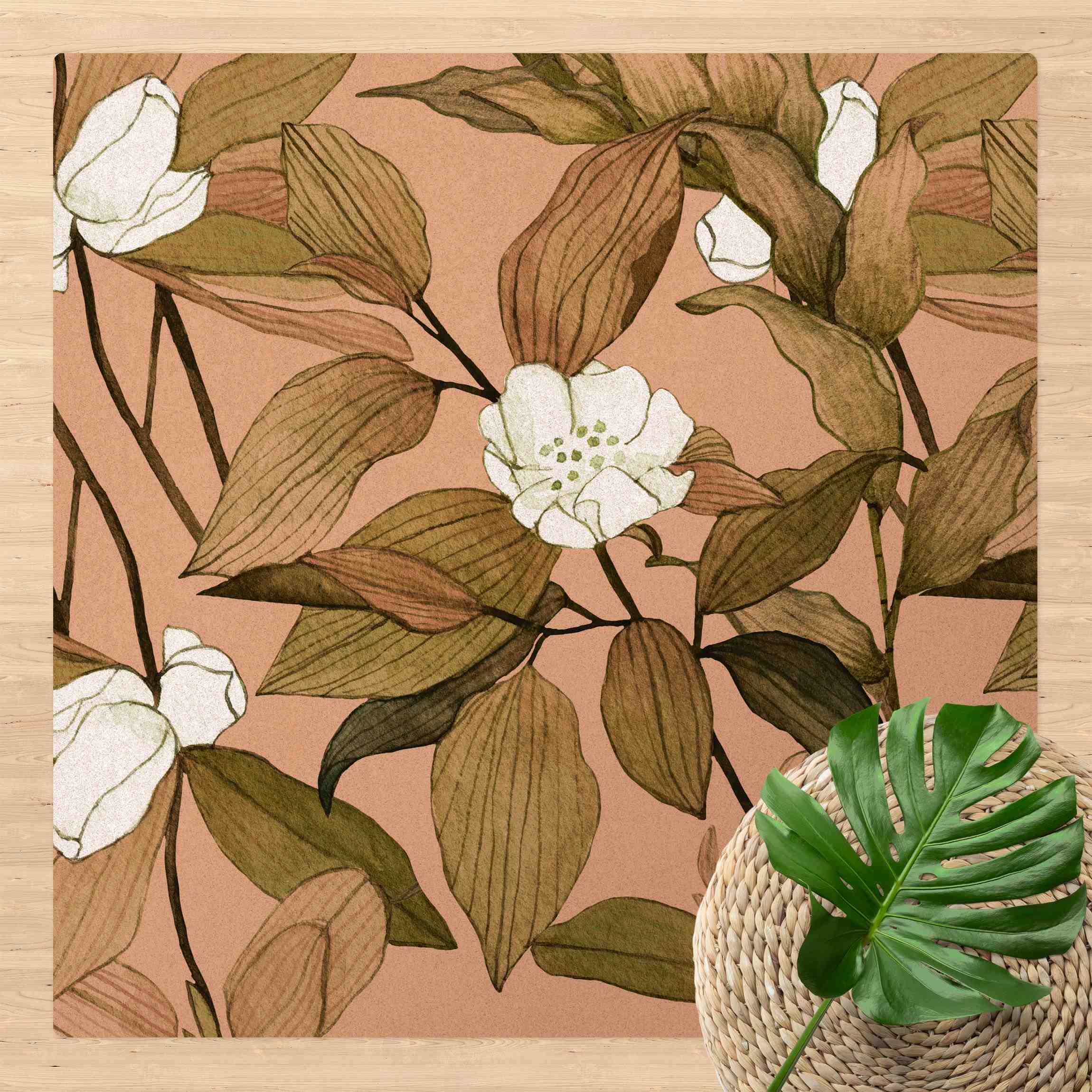Kork-Teppich Romantisches Blütenaquarell Weiße Blüten