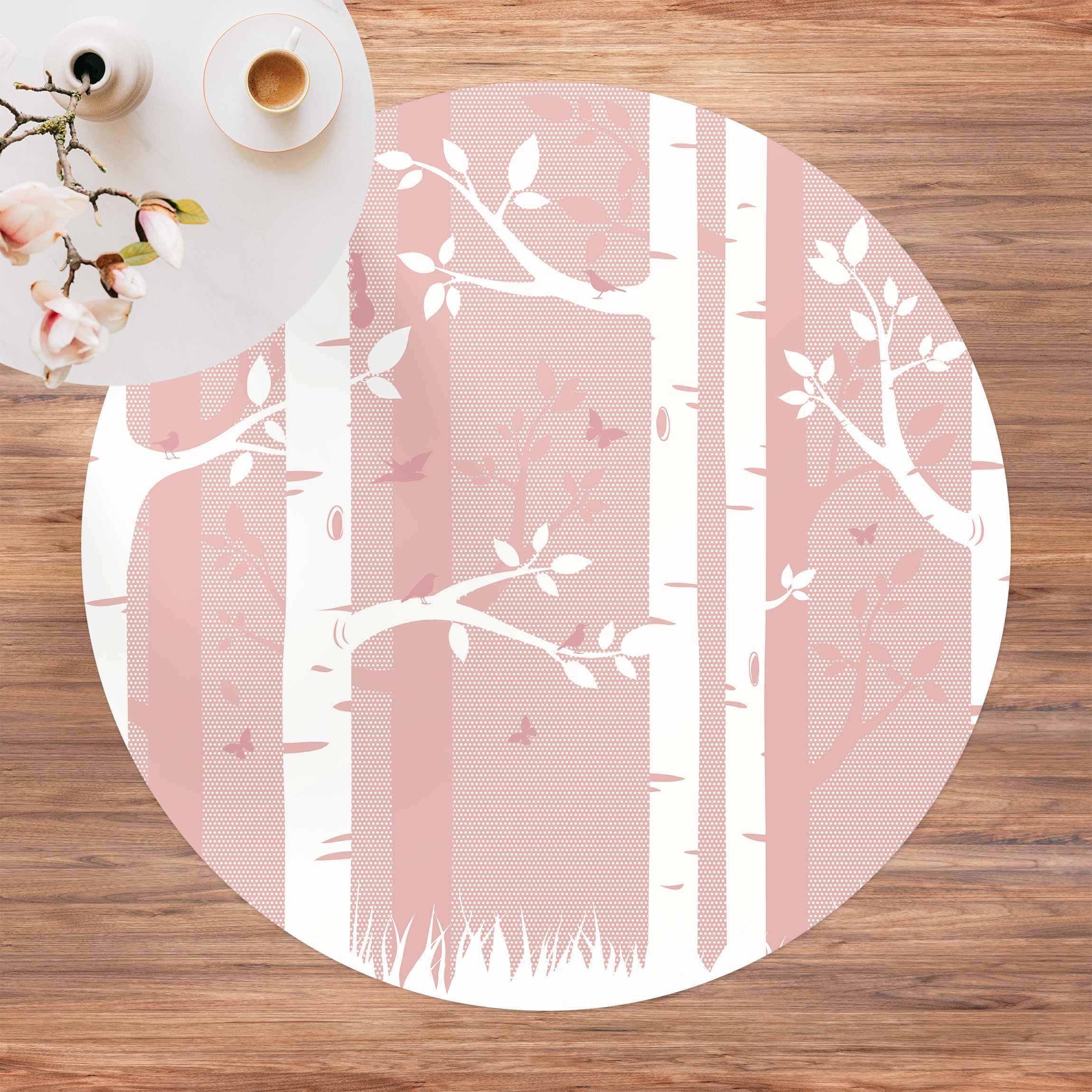 Runder Vinyl-Teppich Rosa Birkenwald mit Schmetterlingen und Vögel