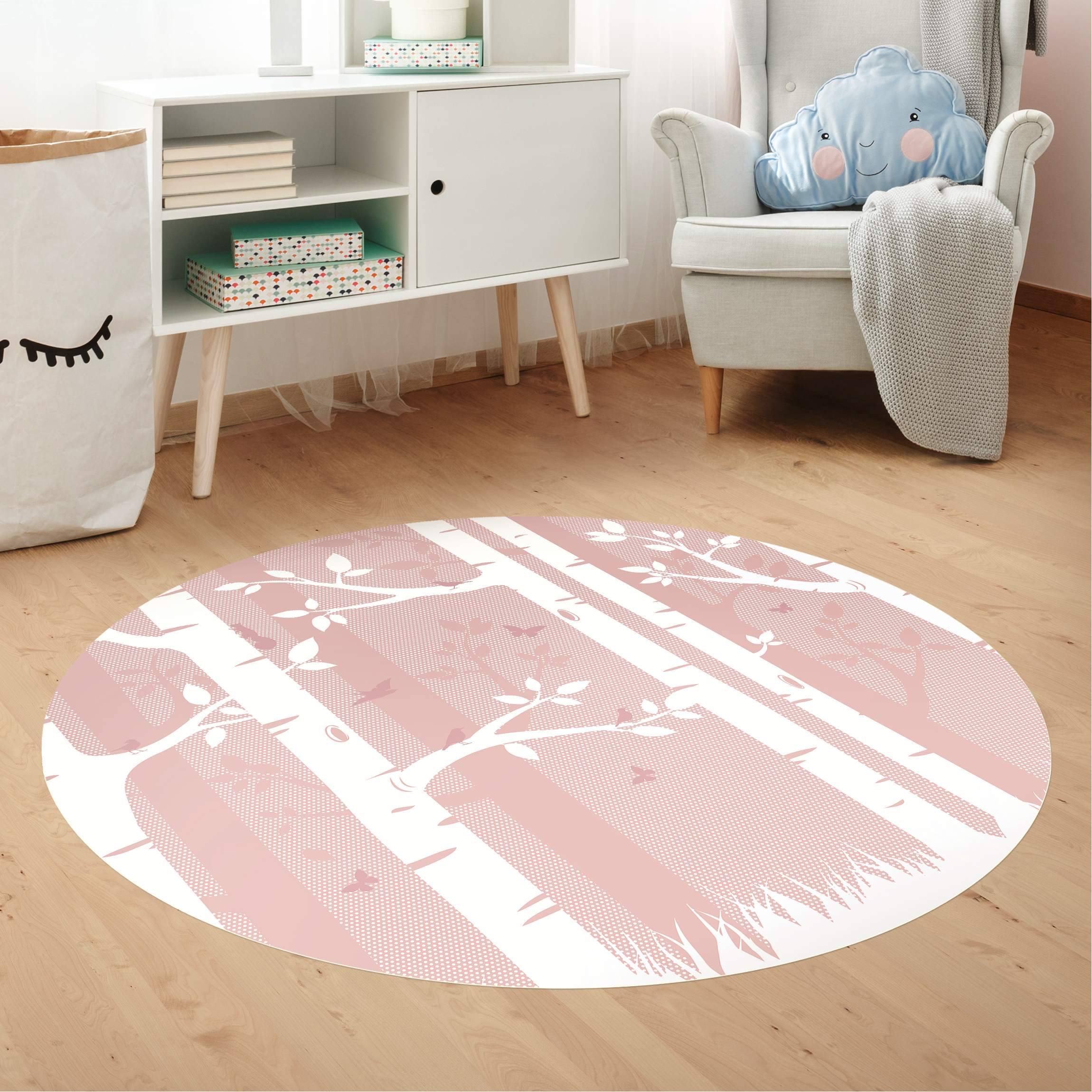 Runder Vinyl-Teppich Rosa Birkenwald mit Schmetterlingen und Vögel