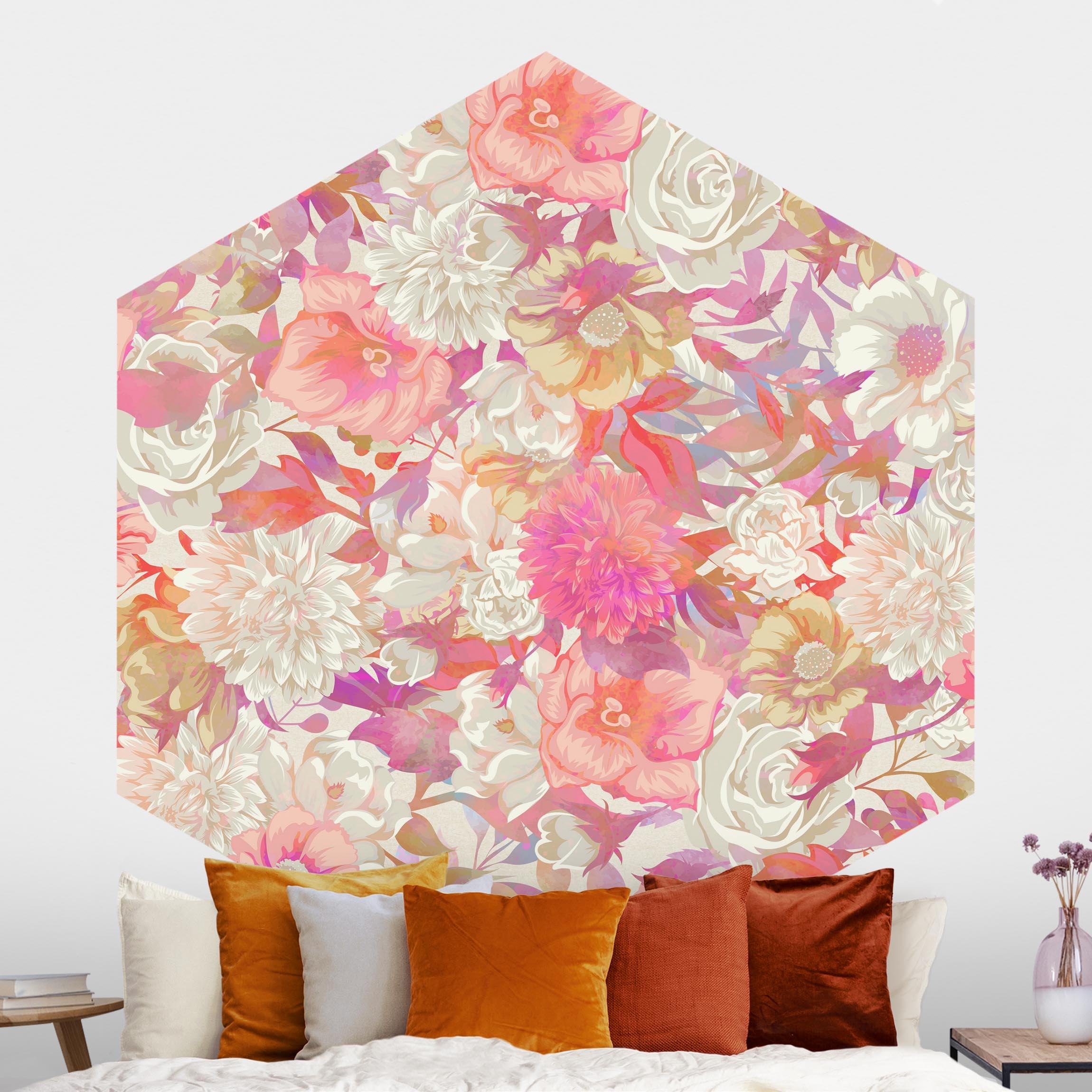 Hexagon Mustertapete selbstklebend Rosa Blütentraum mit Rosen