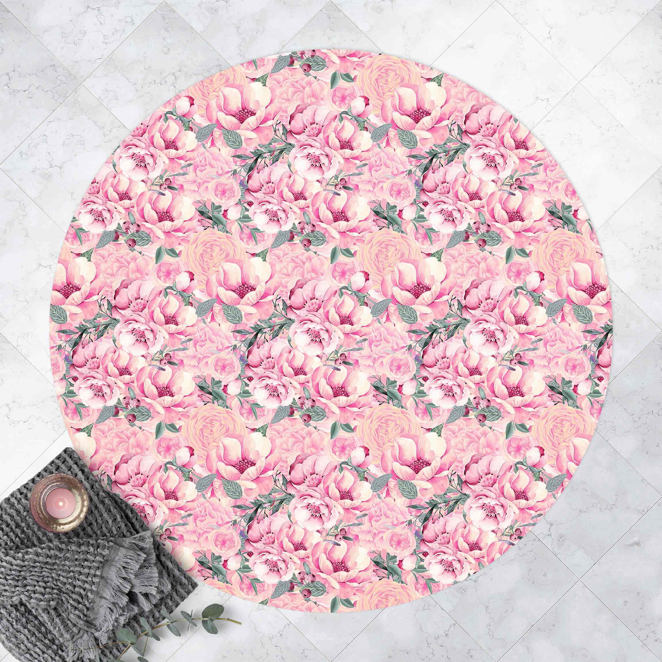 Runder Vinyl-Teppich Rosa Blütentraum Pastell Rosen in Aquarell