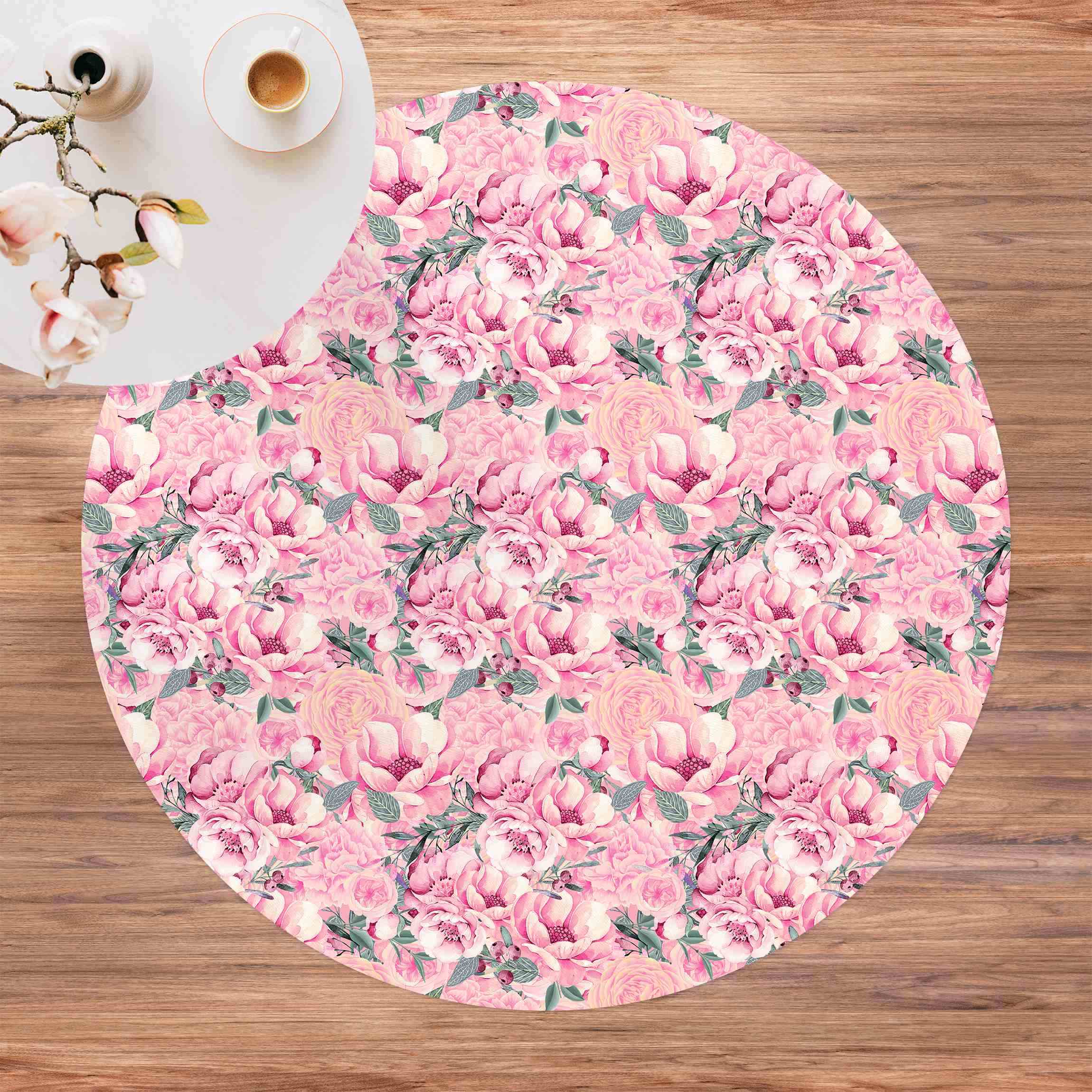 Runder Vinyl-Teppich Rosa Blütentraum Pastell Rosen in Aquarell