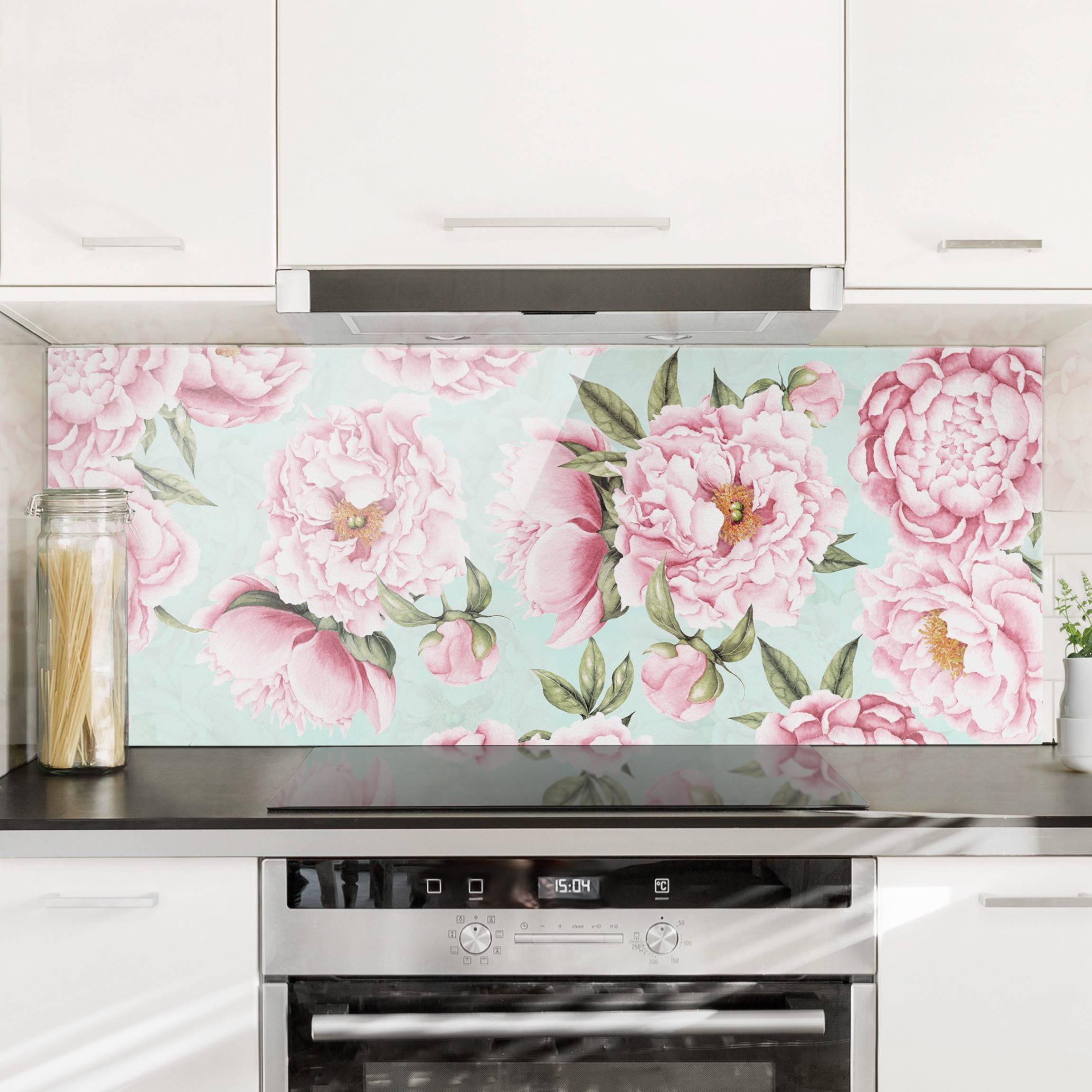 Spritzschutz Rosa Blumen auf Mint als Aquarell