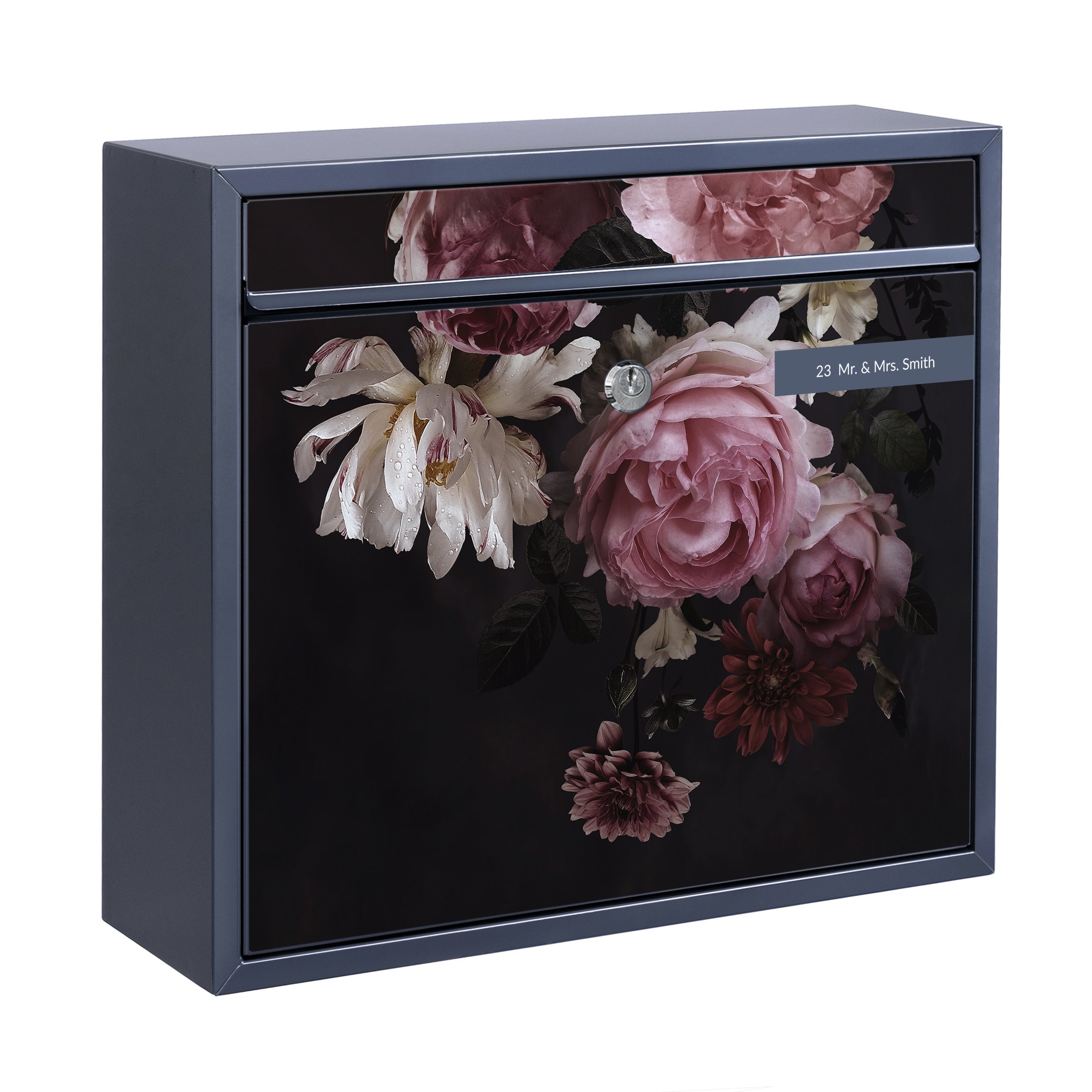 Briefkasten mit eigenem Text Rosa Blumen auf Schwarz Vintage