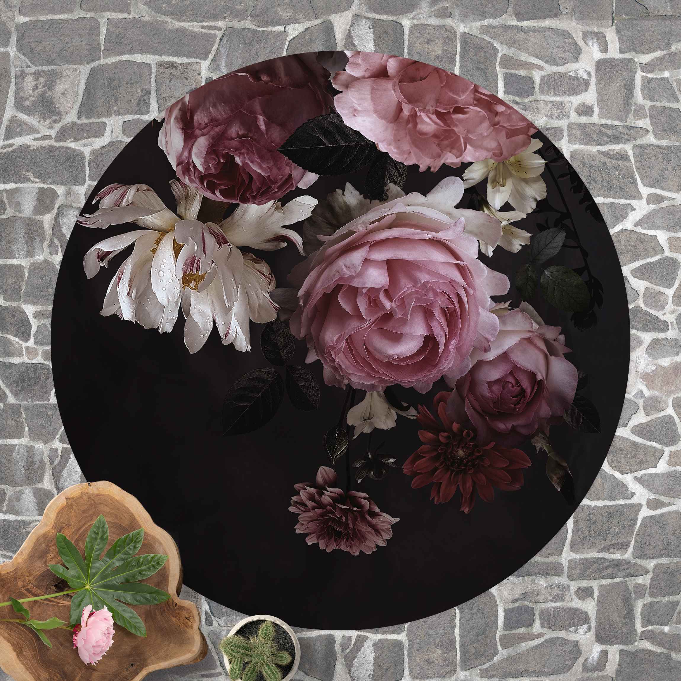 Runder Vinyl-Teppich Rosa Blumen auf Schwarz Vintage
