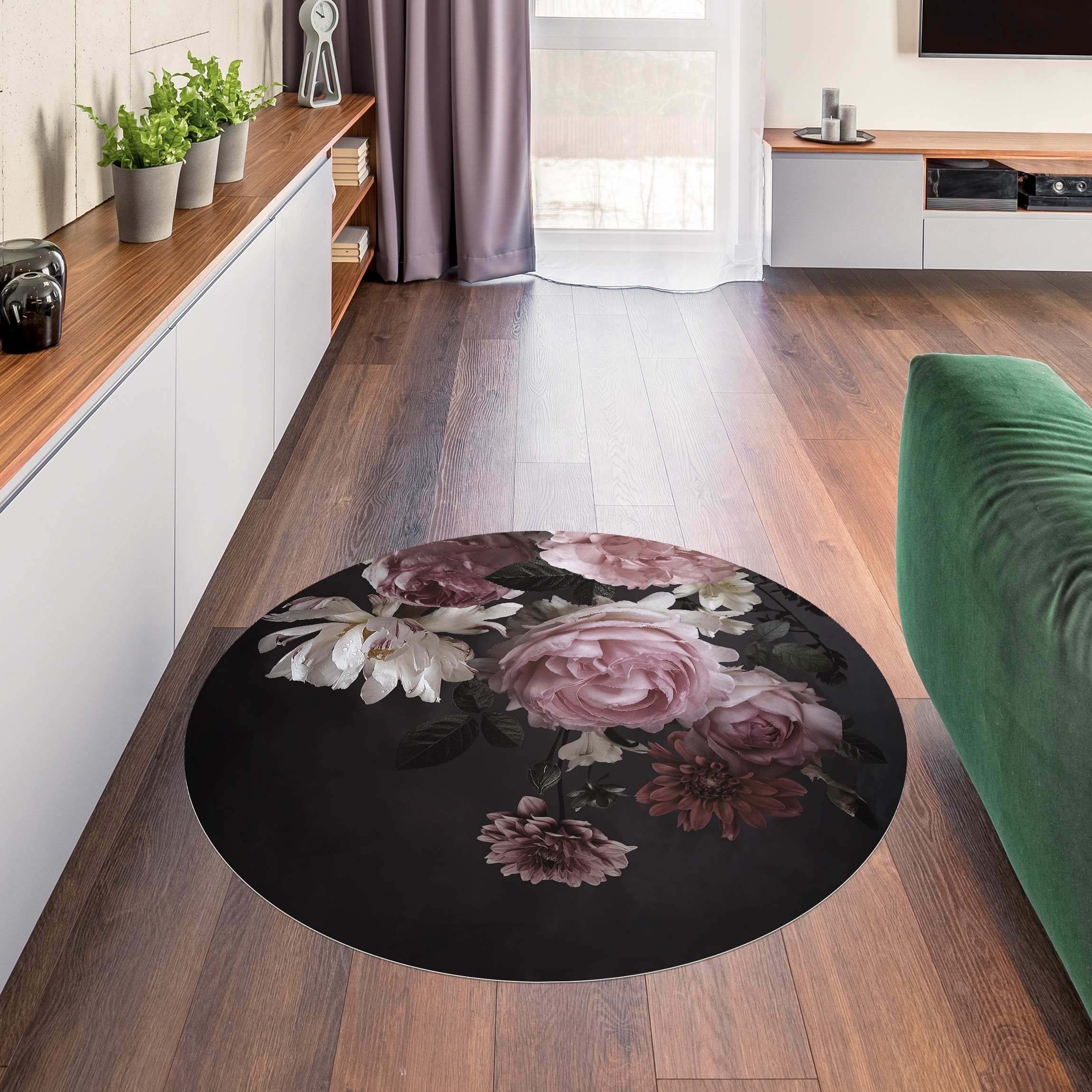 Runder Vinyl-Teppich Rosa Blumen auf Schwarz Vintage
