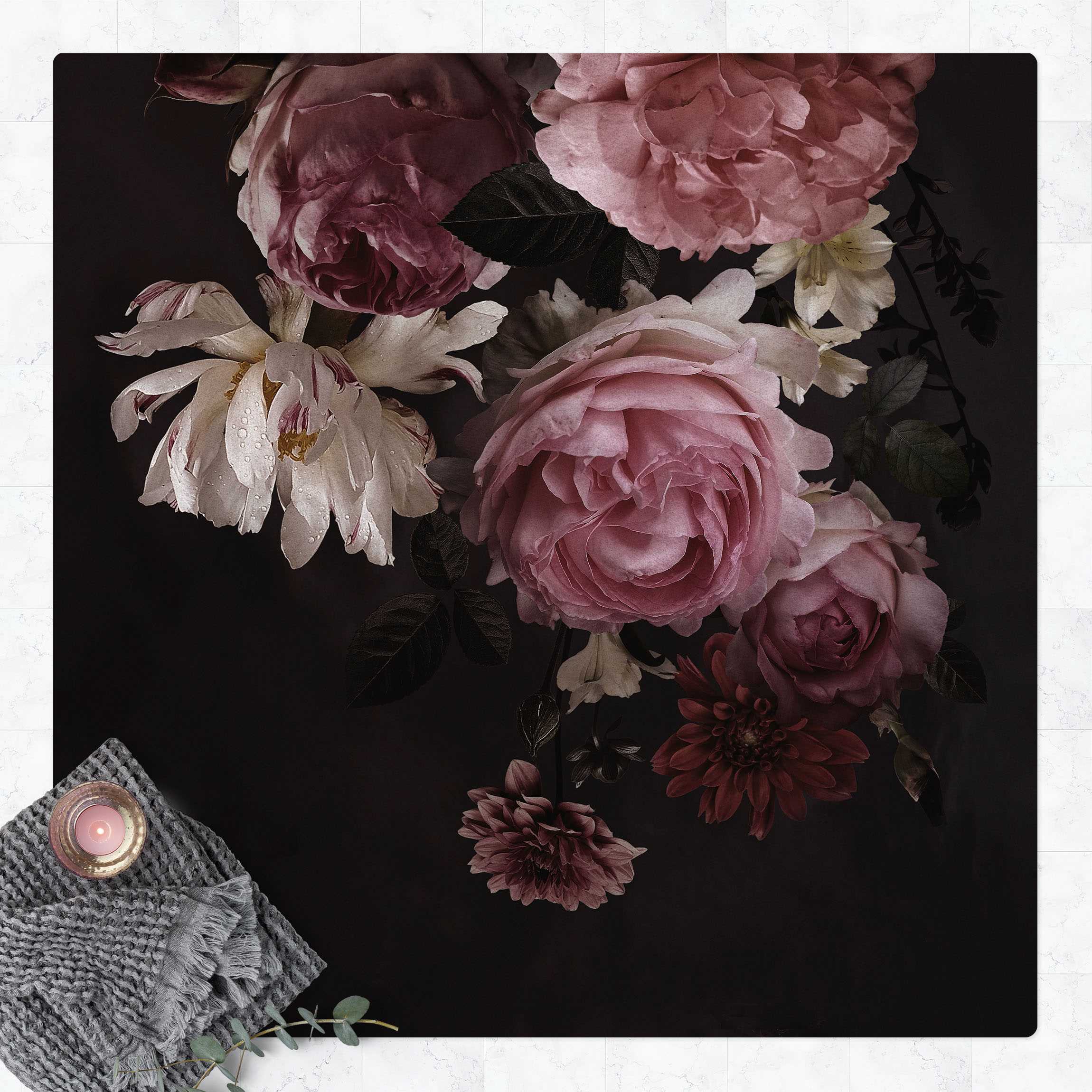 Kork-Teppich Rosa Blumen auf Schwarz Vintage