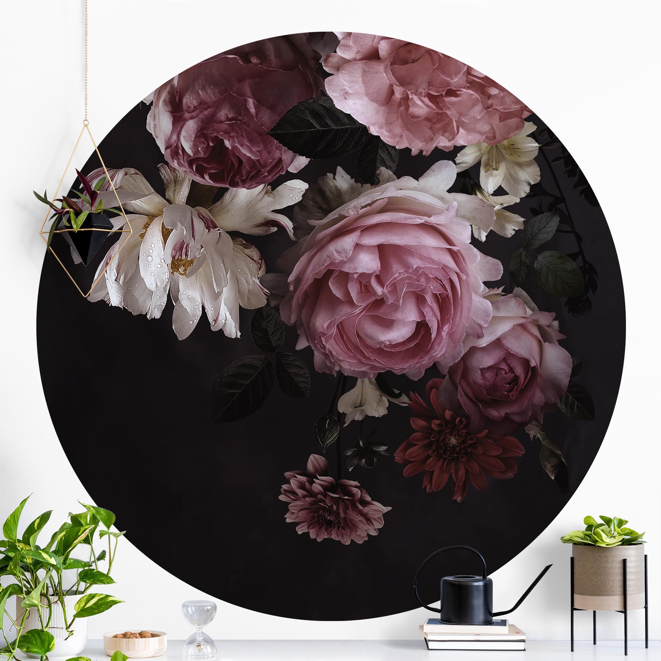 Runde Fototapete Rosa Blumen auf Schwarz Vintage
