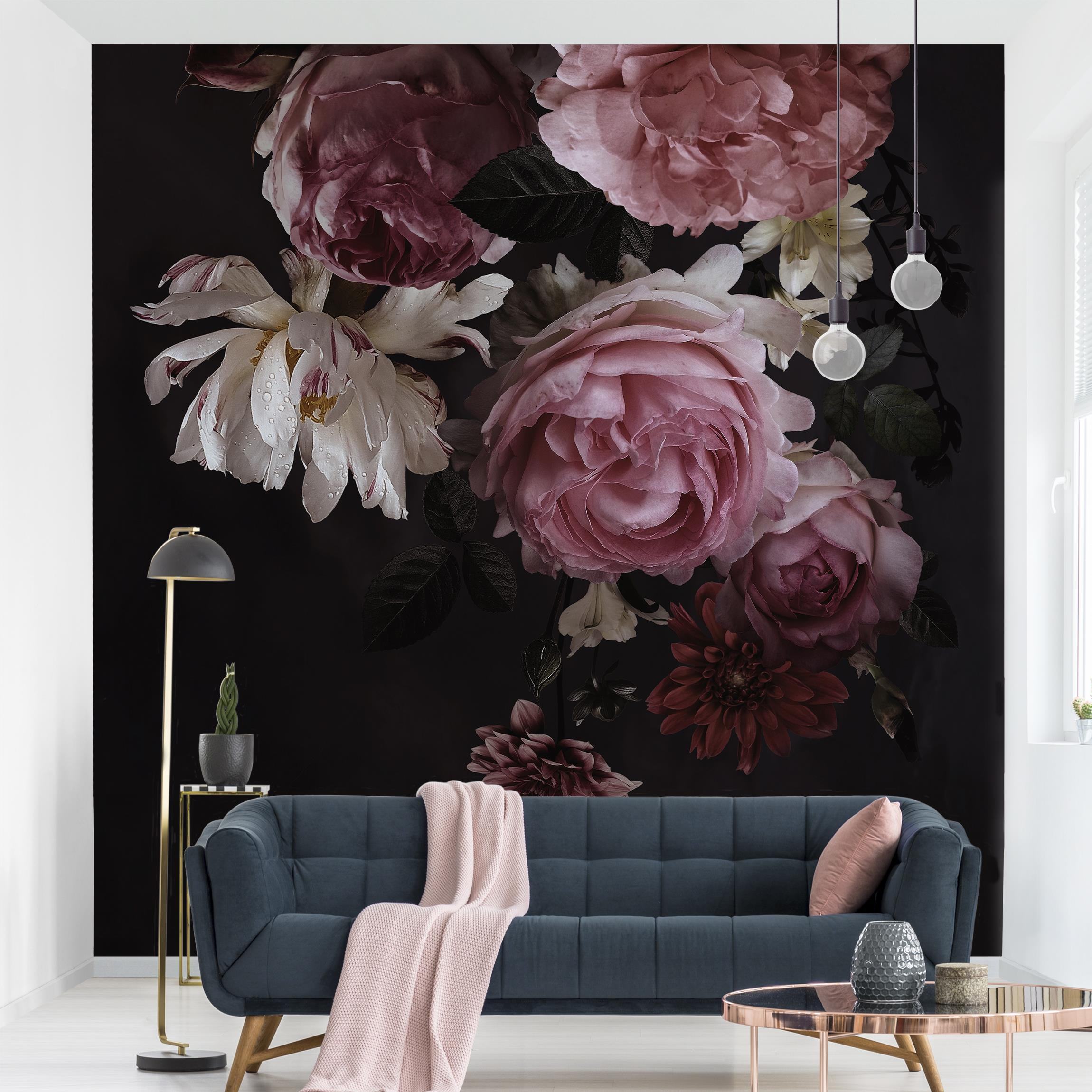 Fototapete Rosa Blumen auf Schwarz Vintage
