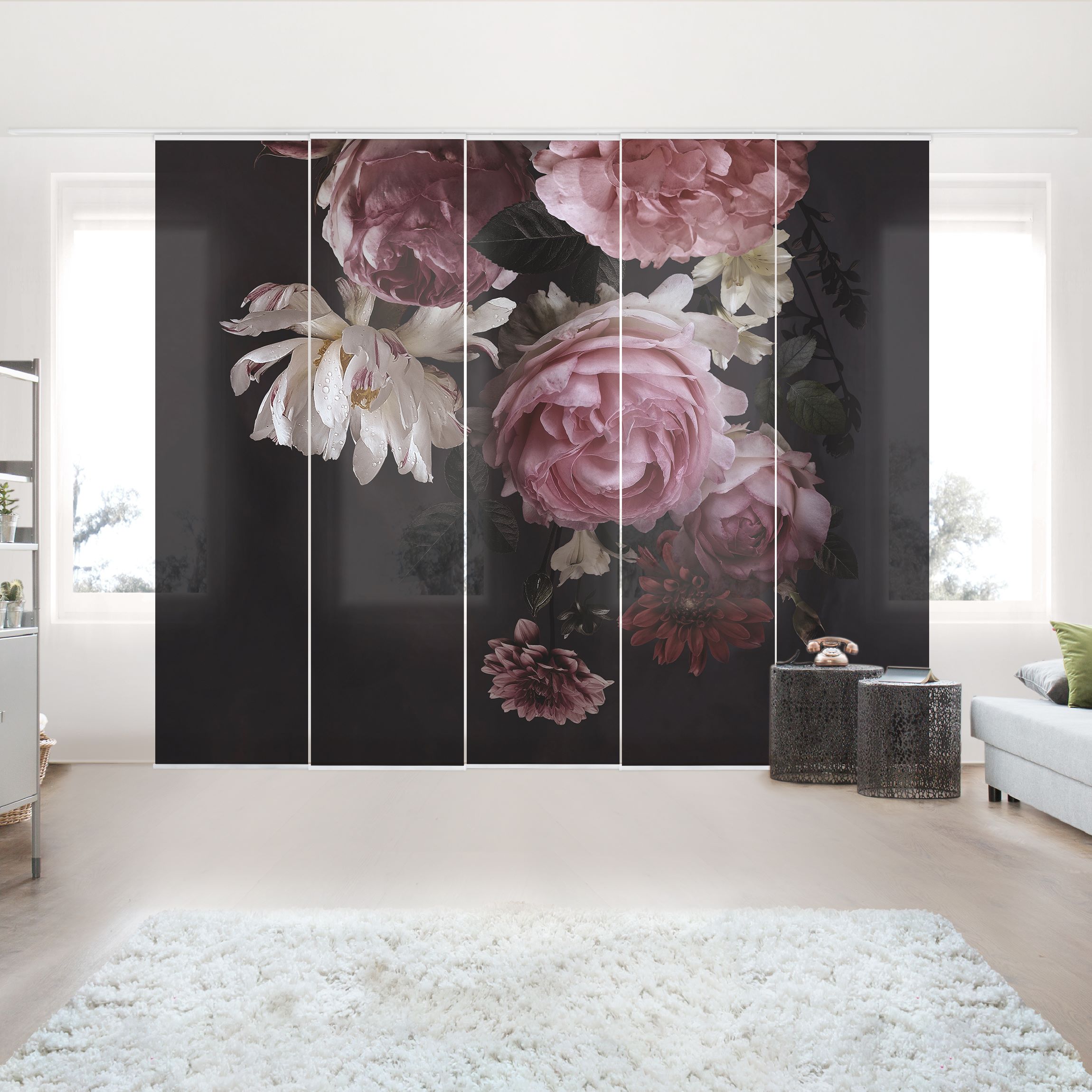 Schiebegardine Rosa Blumen auf Schwarz Vintage