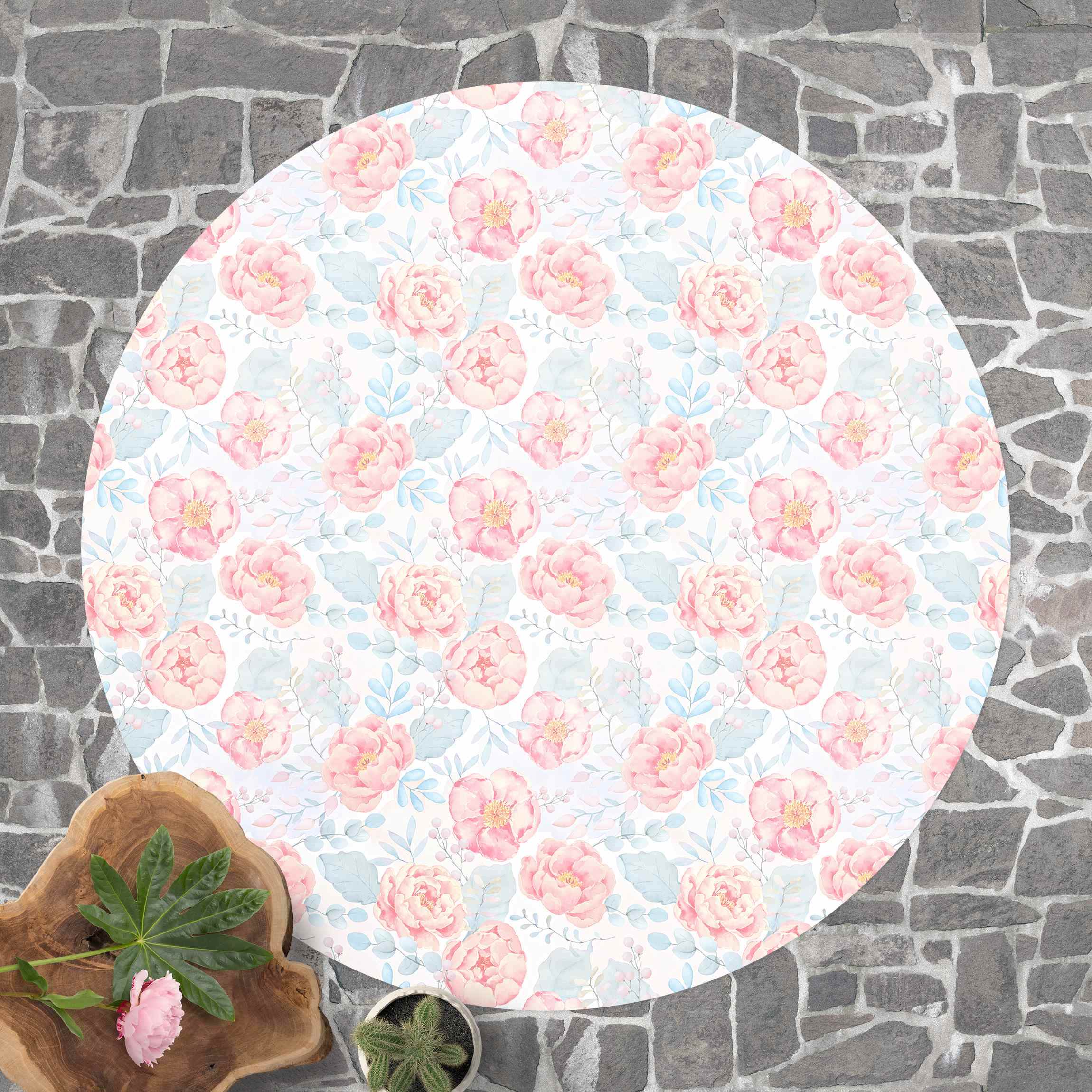 Runder Vinyl-Teppich Rosa Blumen mit Hellblauen Blättern