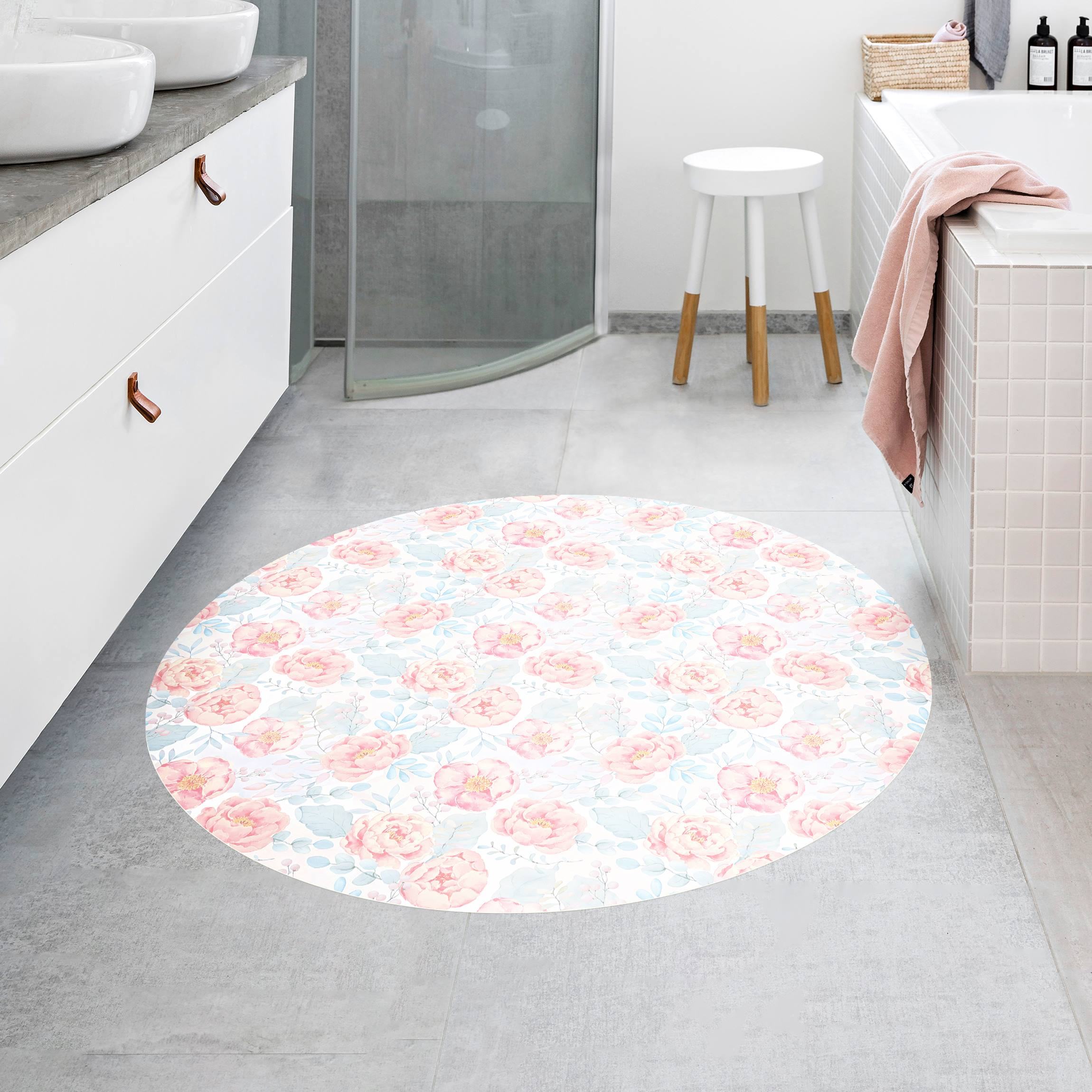 Runder Vinyl-Teppich Rosa Blumen mit Hellblauen Blättern