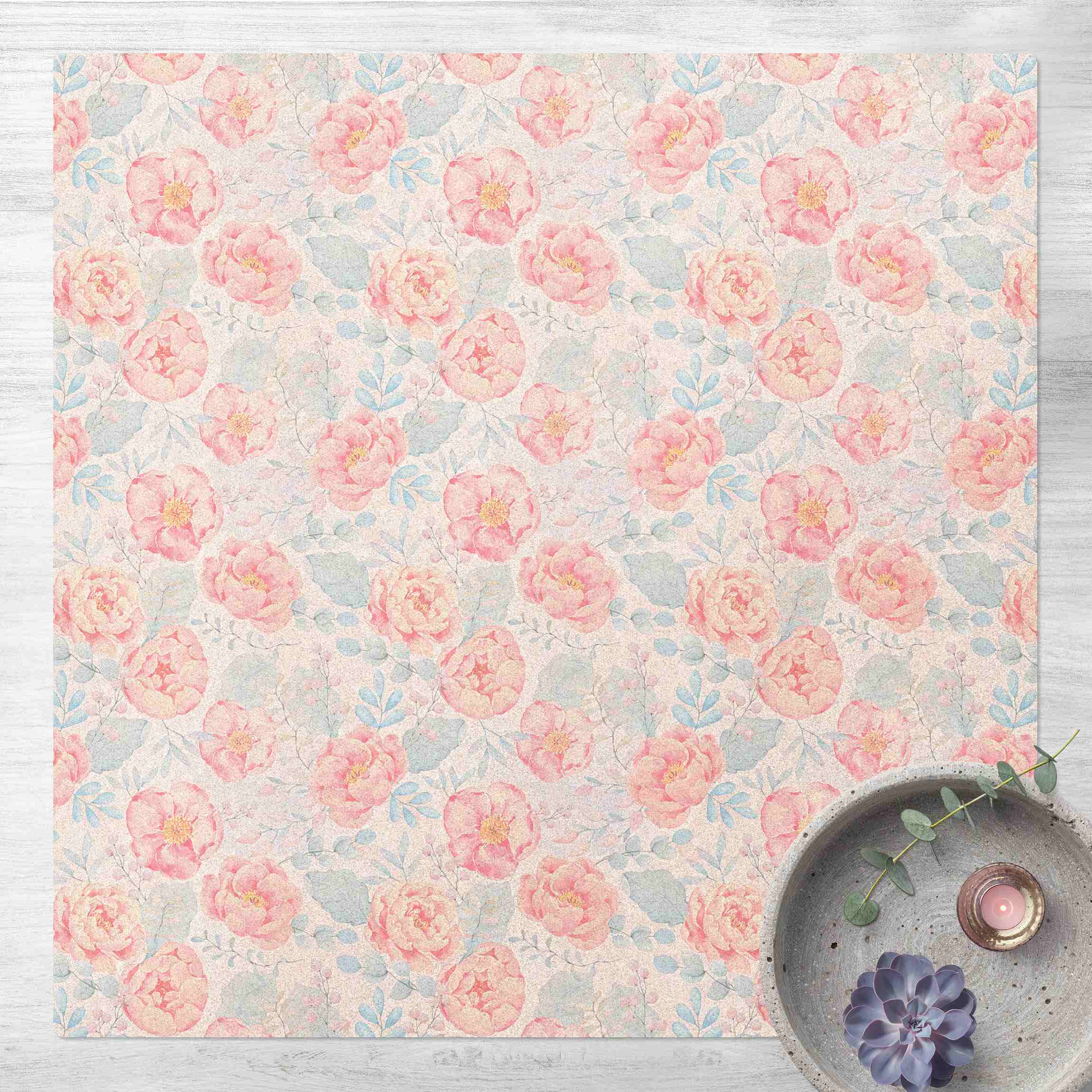 Kork-Teppich Rosa Blumen mit Hellblauen Blättern