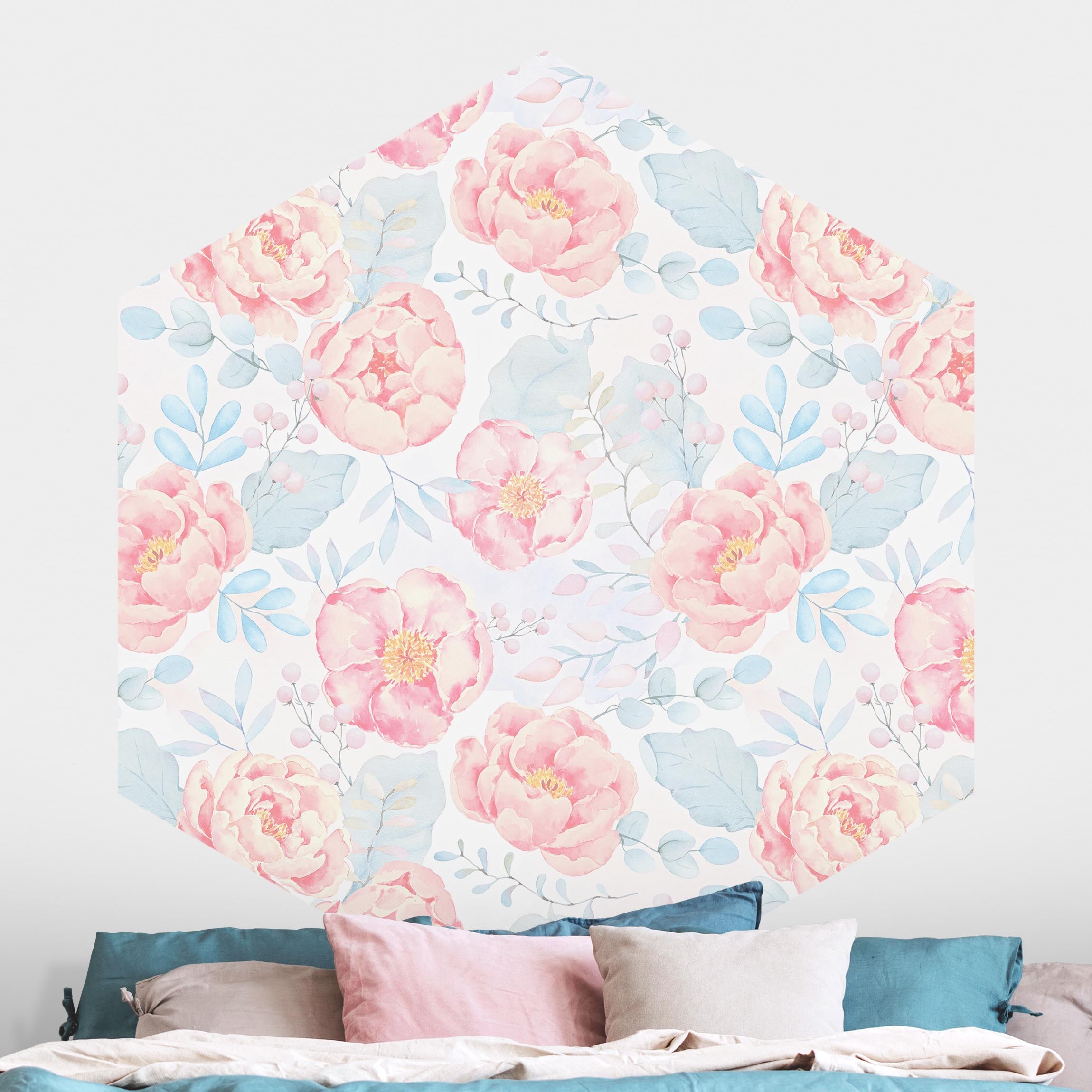 Hexagon Mustertapete Rosa Blumen mit Hellblauen Blättern