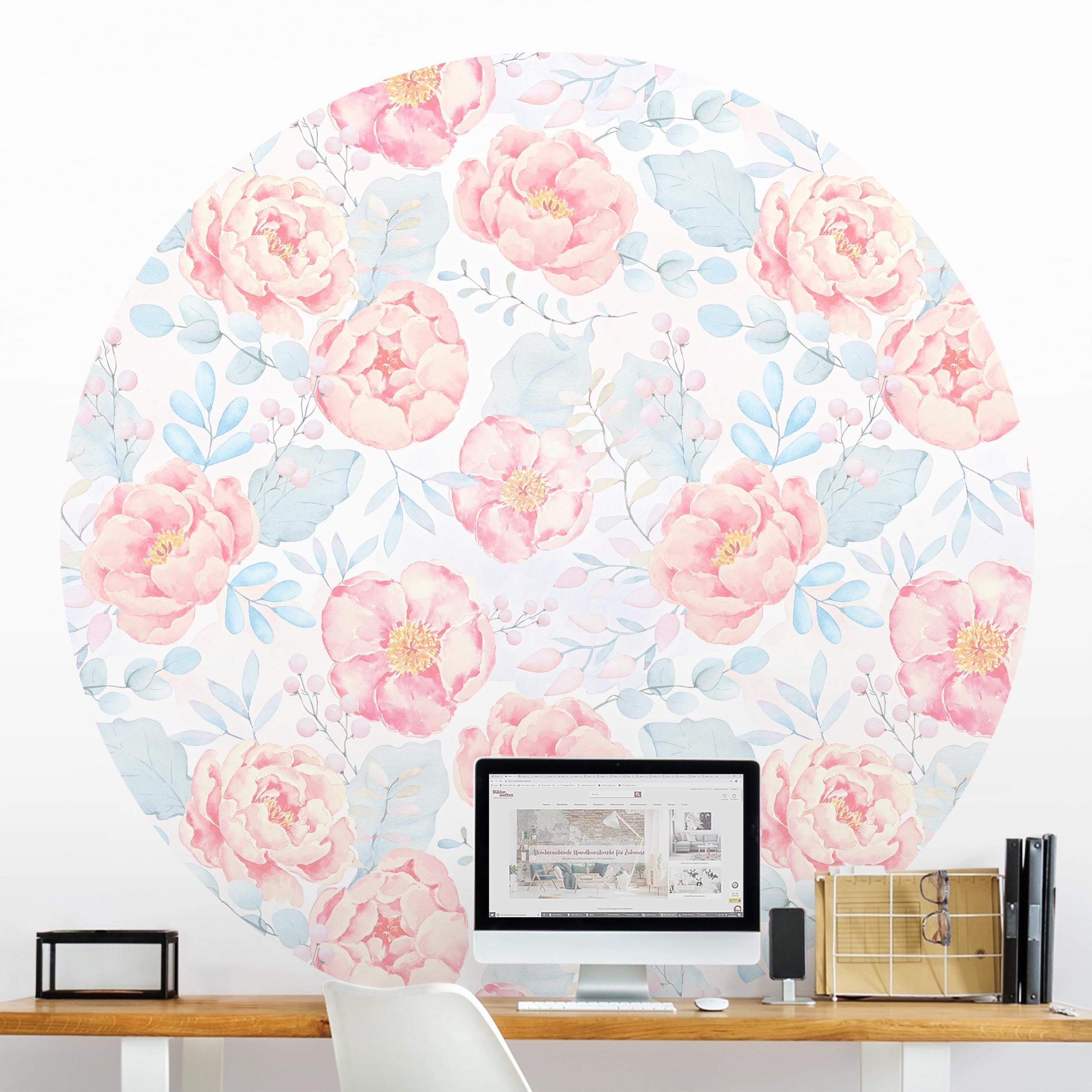 Runde Mustertapete Rosa Blumen mit Hellblauen Blättern