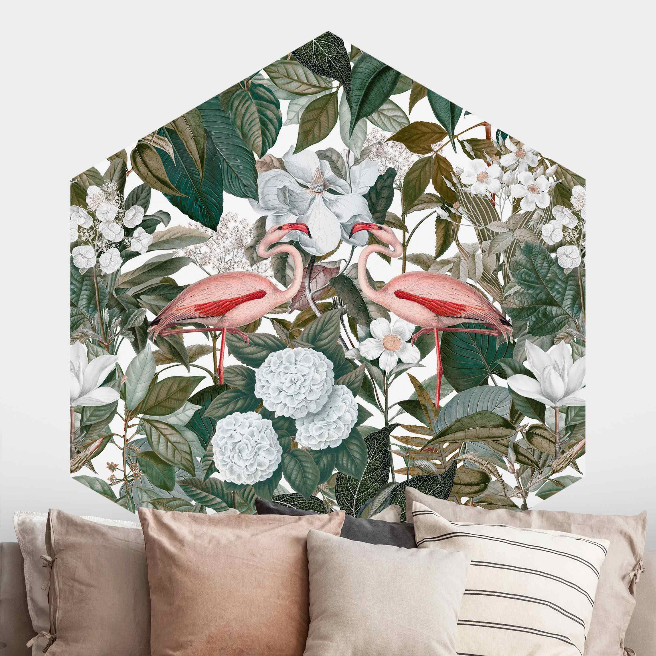 Hexagon Mustertapete Rosa Flamingos mit Blättern und weißen Blumen
