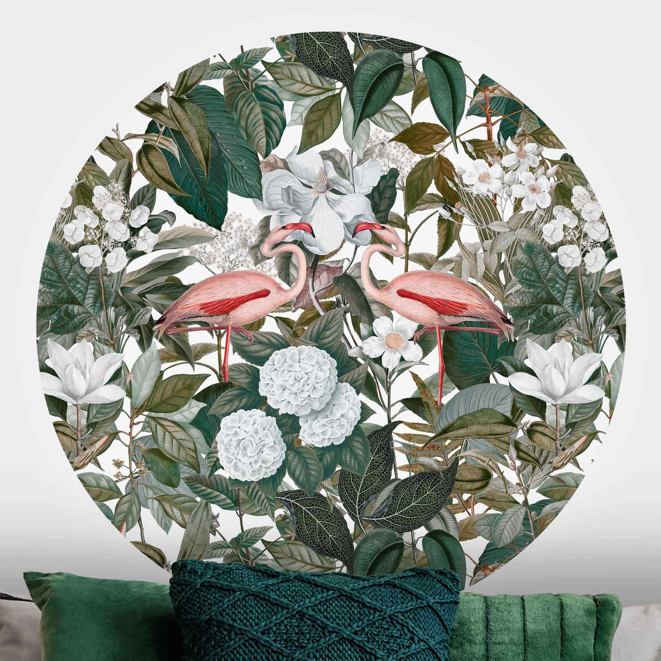 Runde Fototapete Rosa Flamingos mit Blättern und weißen Blumen