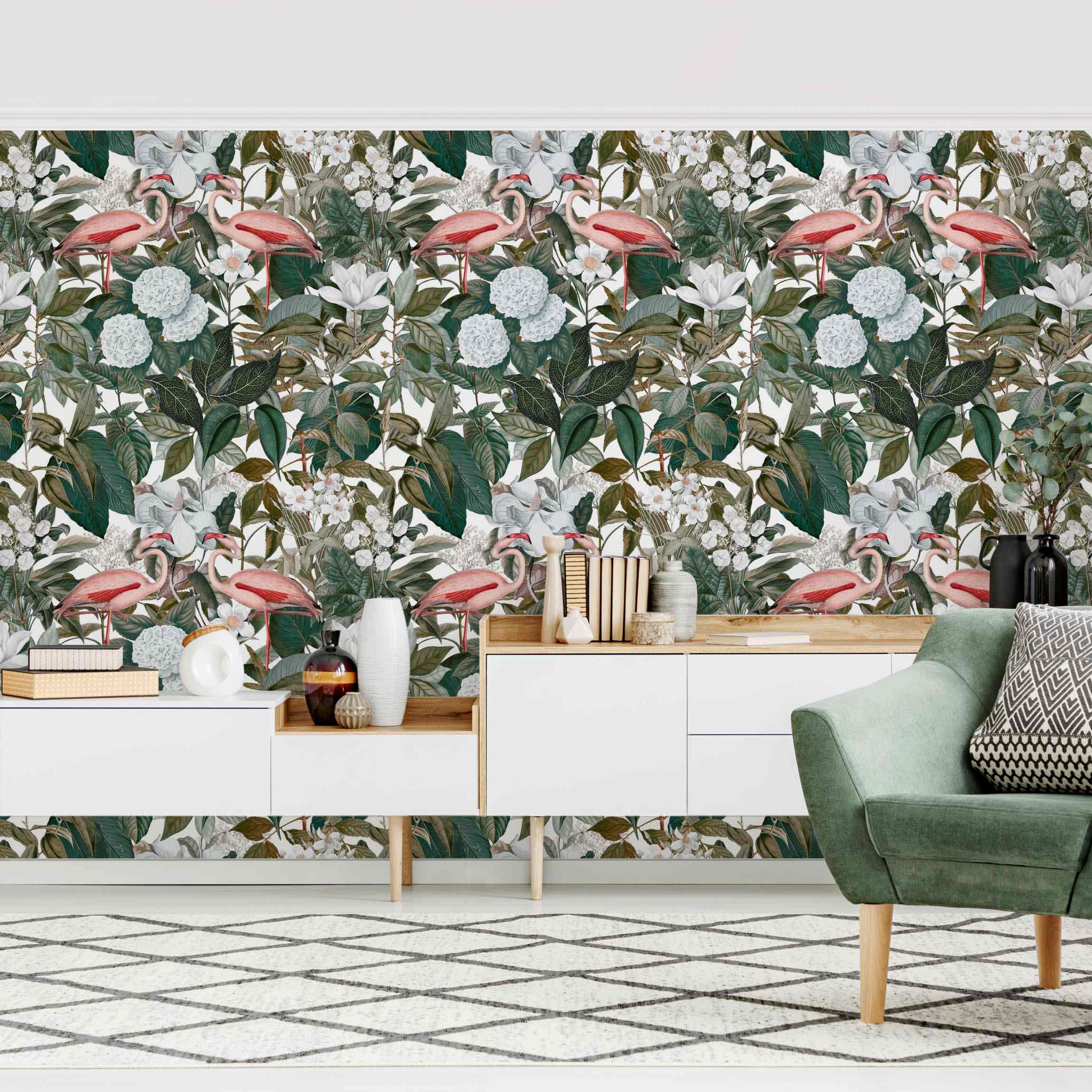 Mustertapete Rosa Flamingos mit Blättern und weißen Blumen