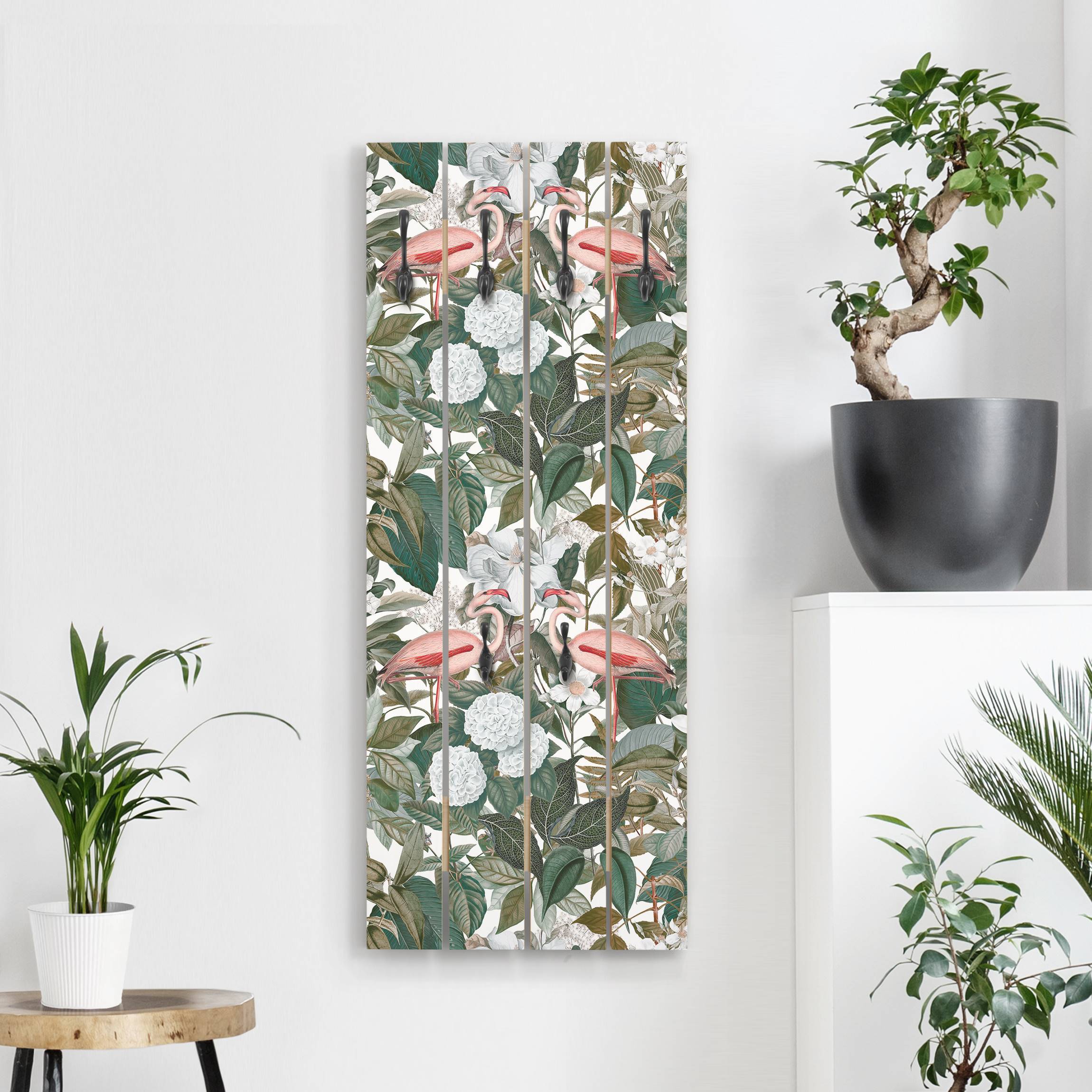Wandgarderobe Rosa Flamingos mit Blättern und weißen Blumen