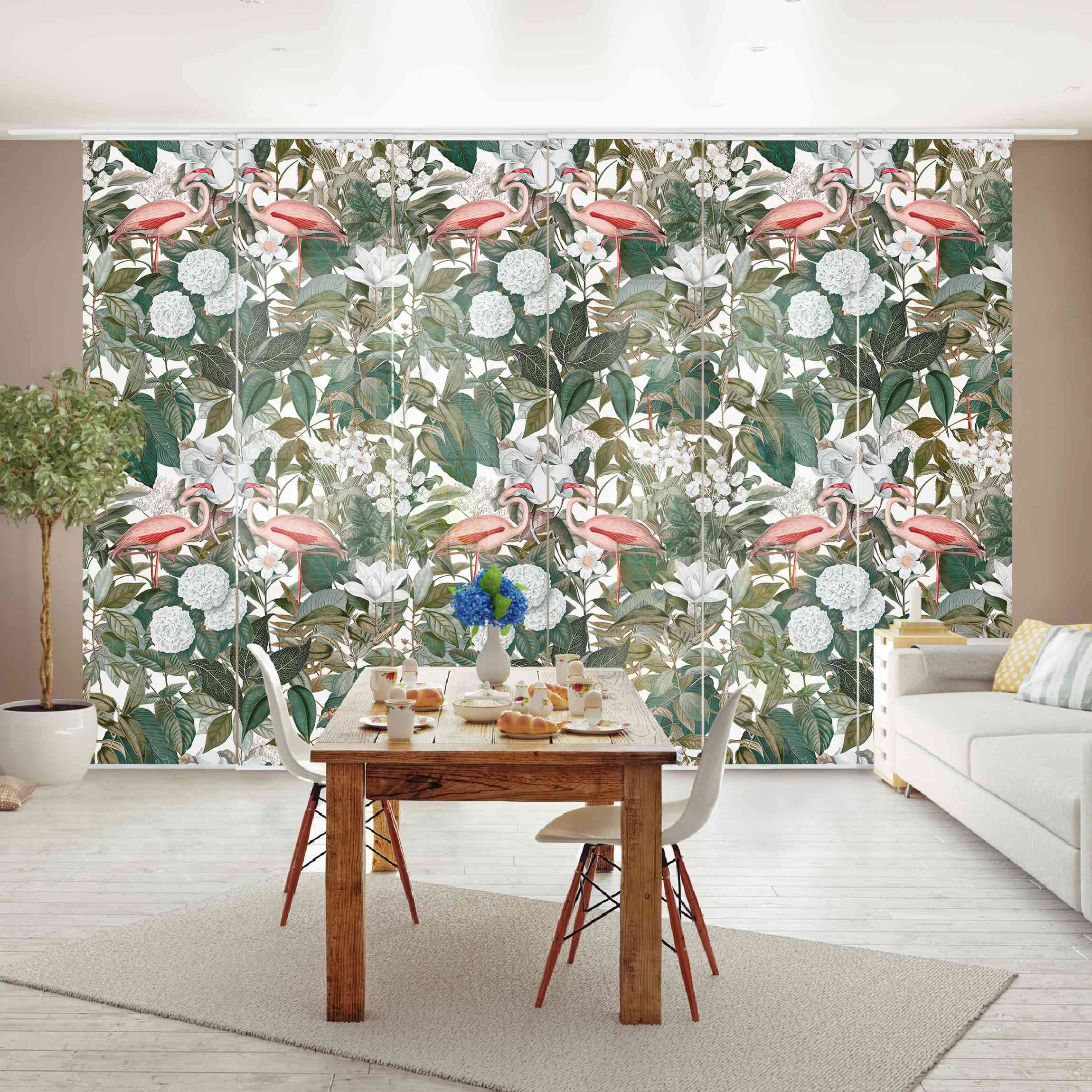 Schiebegardine Rosa Flamingos mit Blättern und weißen Blumen