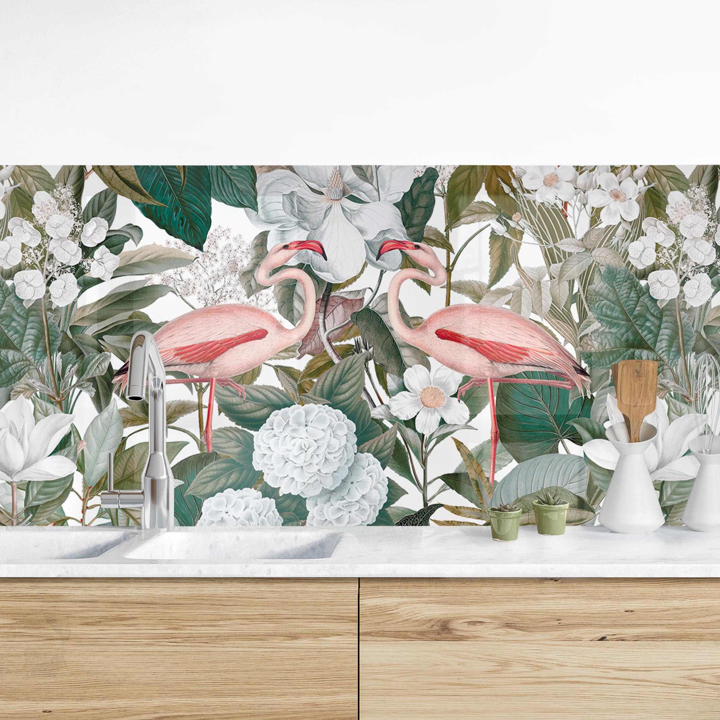 Küchenrückwand Rosa Flamingos mit Blättern und weißen Blumen