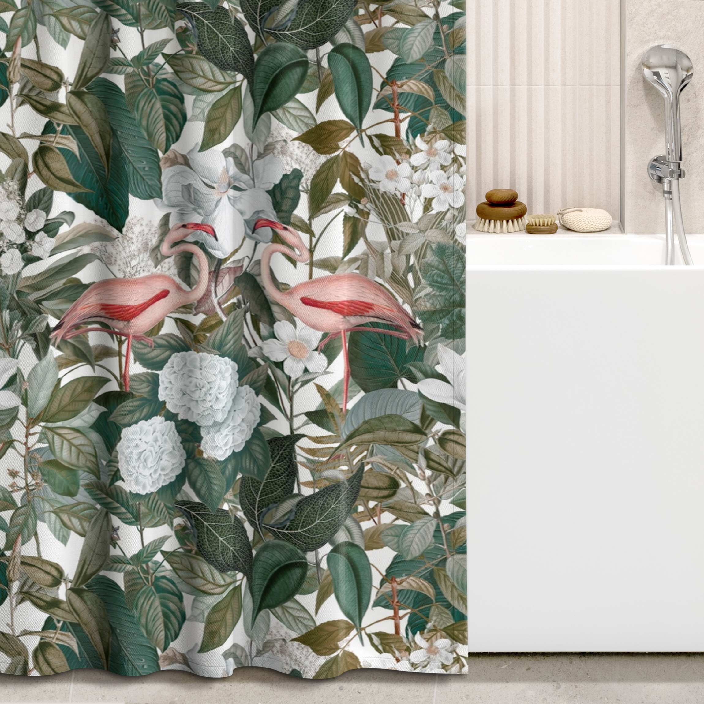 Duschvorhang Rosa Flamingos mit Blättern und weißen Blumen