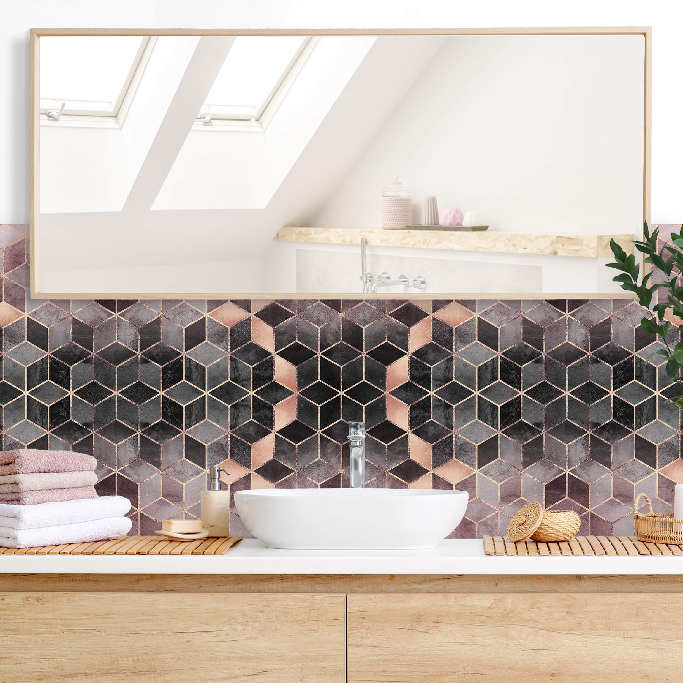 Wandverkleidung Bad Rosa Grau goldene Geometrie II