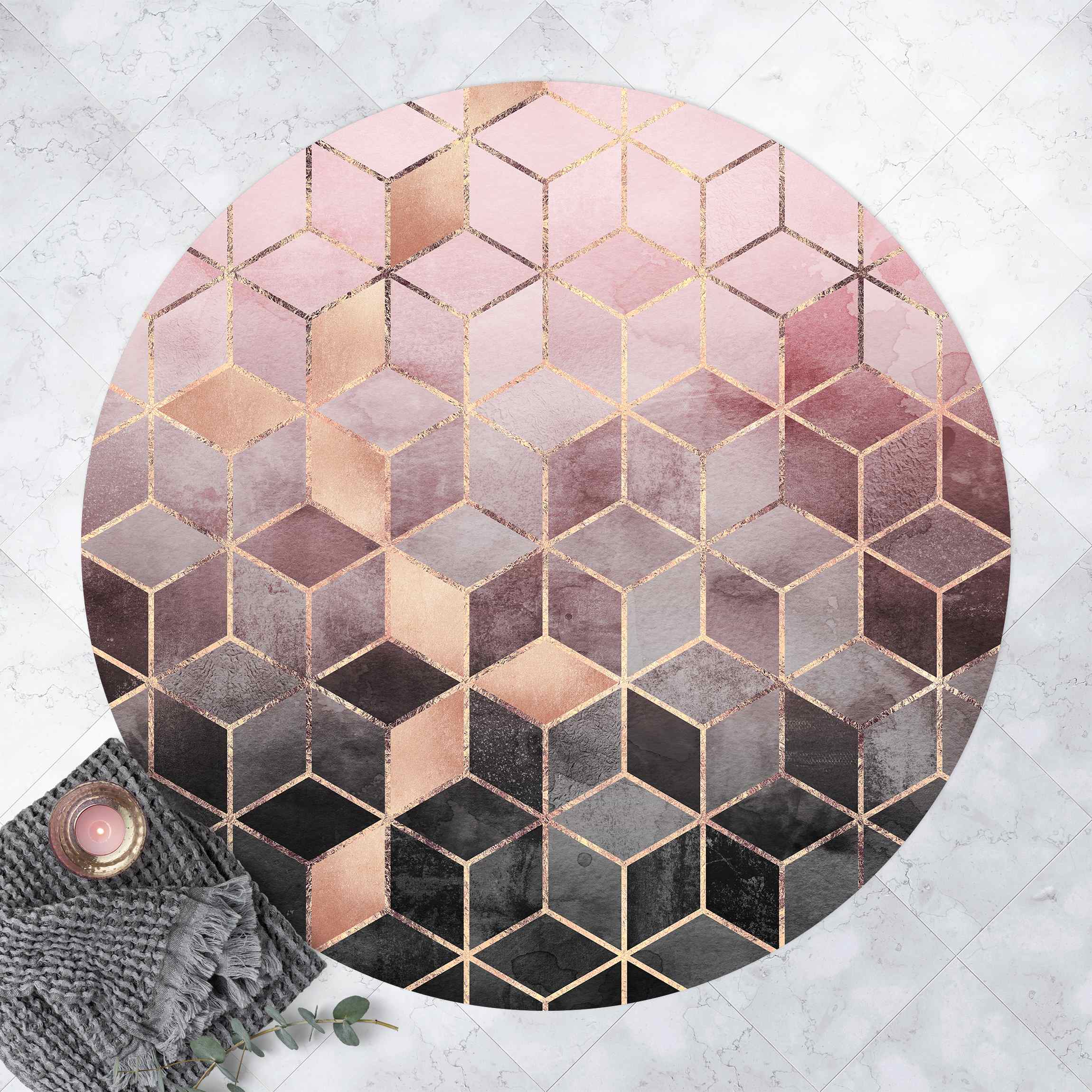 Runder Vinyl-Teppich Rosa Grau goldene Geometrie