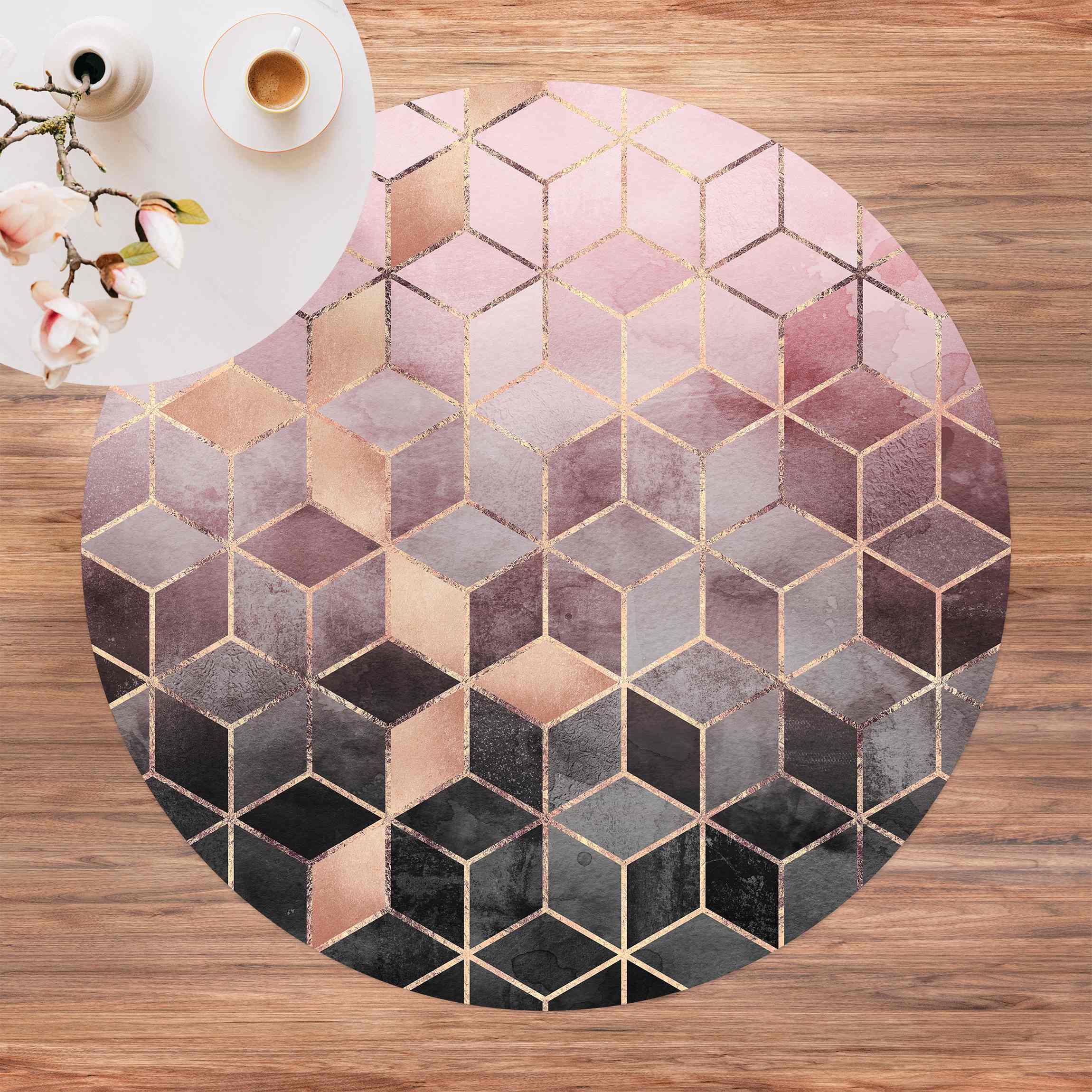 Runder Vinyl-Teppich Rosa Grau goldene Geometrie
