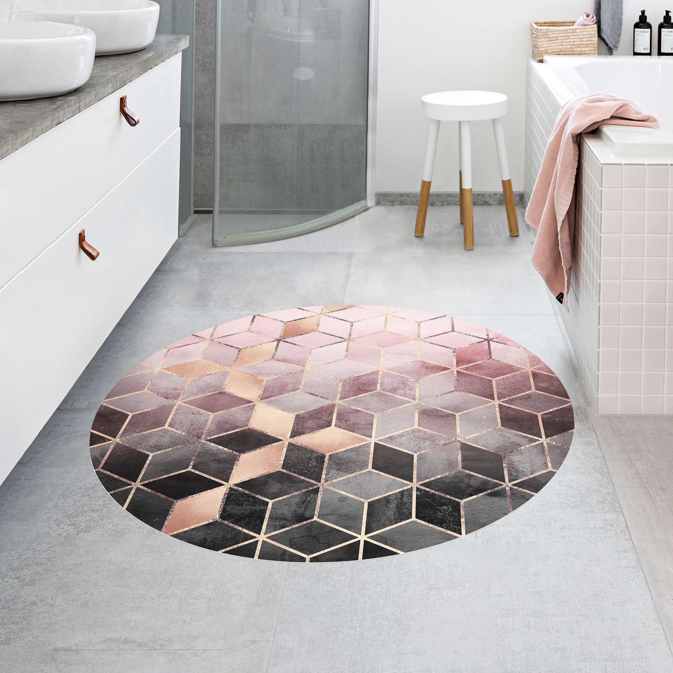 Runder Vinyl-Teppich Rosa Grau goldene Geometrie