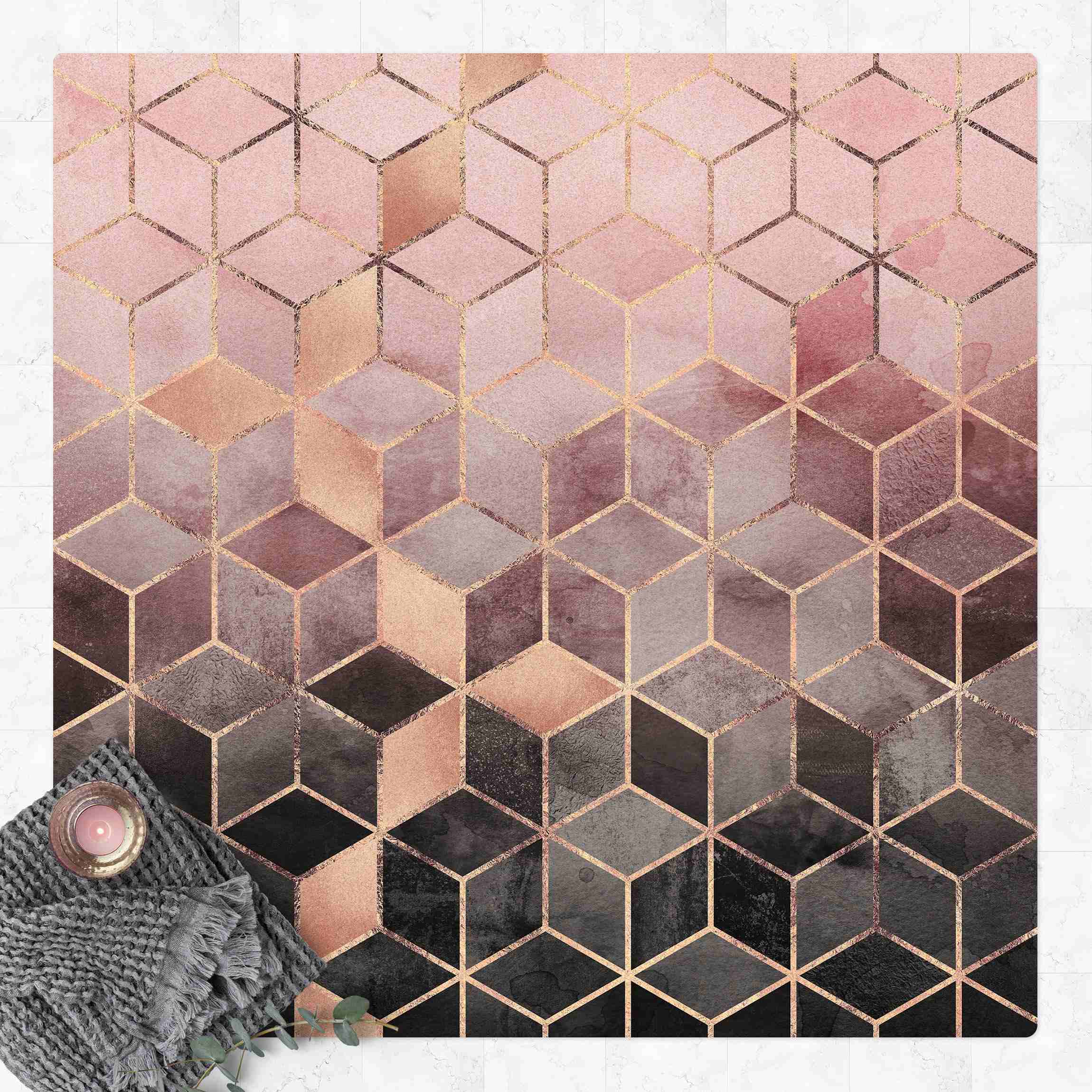 Kork-Teppich Rosa Grau goldene Geometrie