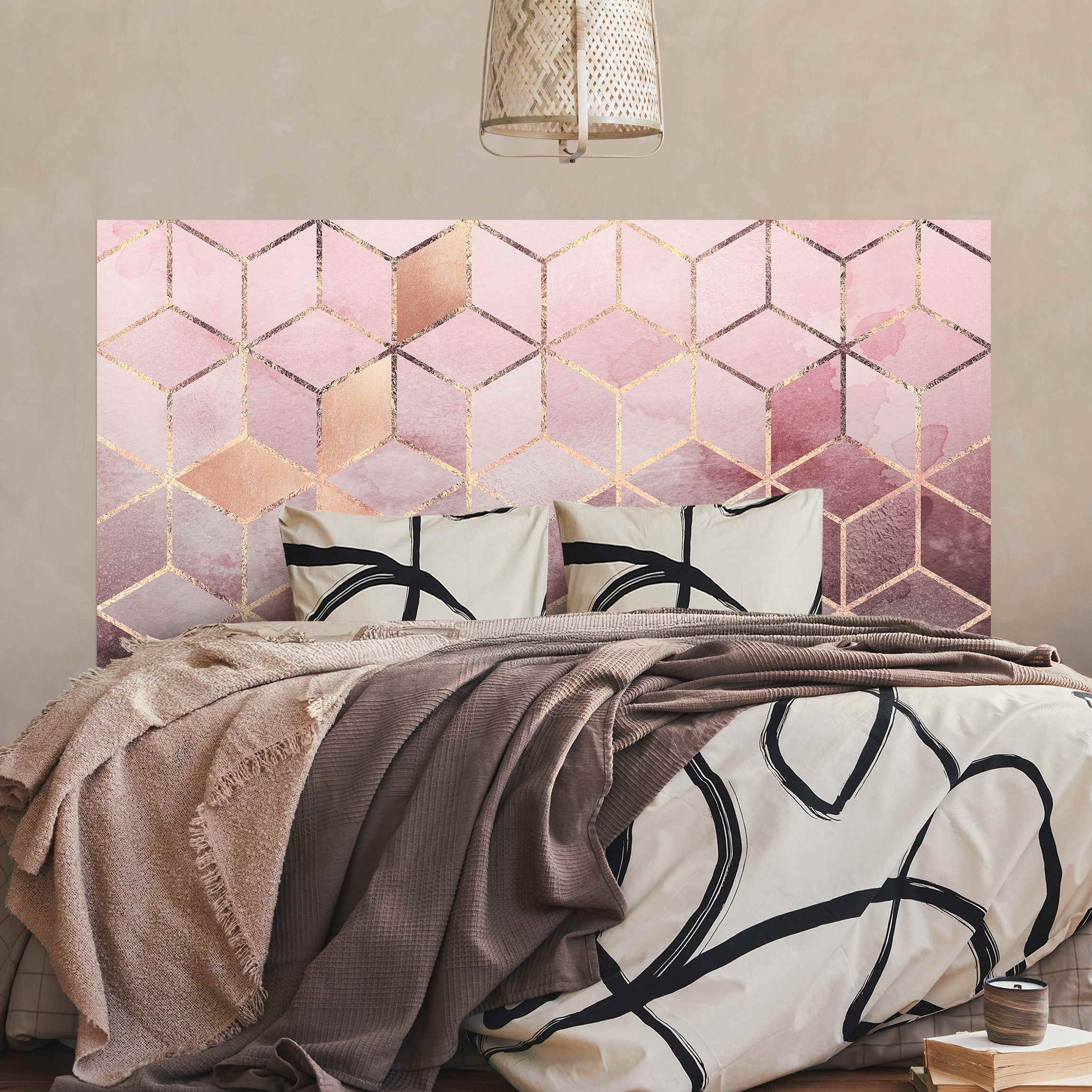 Kopfteil Bett Rosa Grau goldene Geometrie