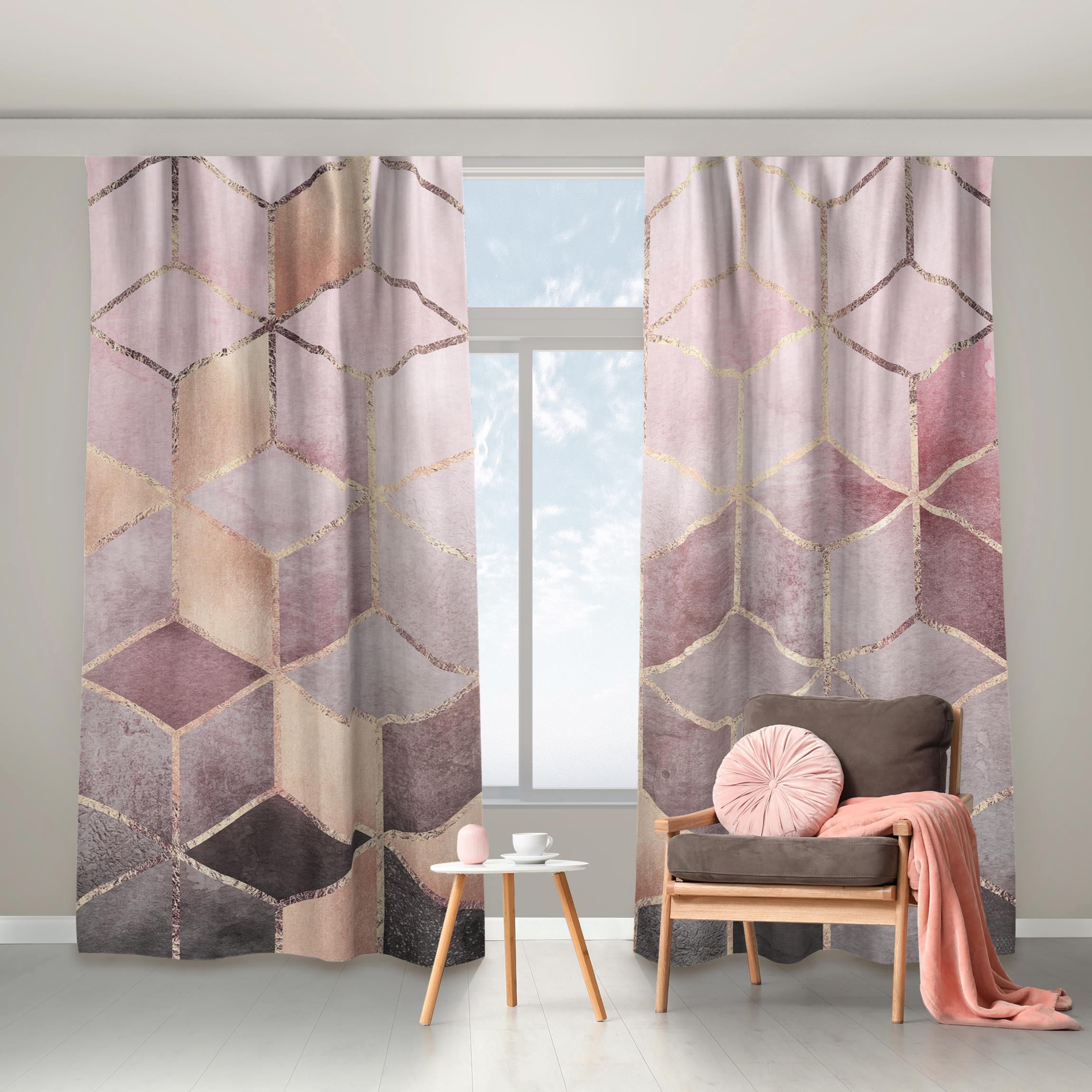 Vorhang Rosa Grau goldene Geometrie