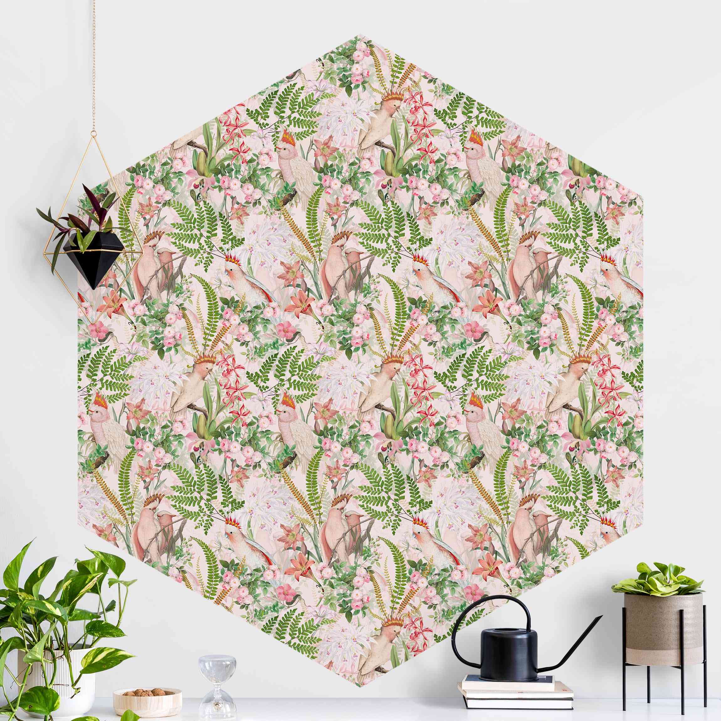 Hexagon Mustertapete Rosa Kakadus mit Blumen