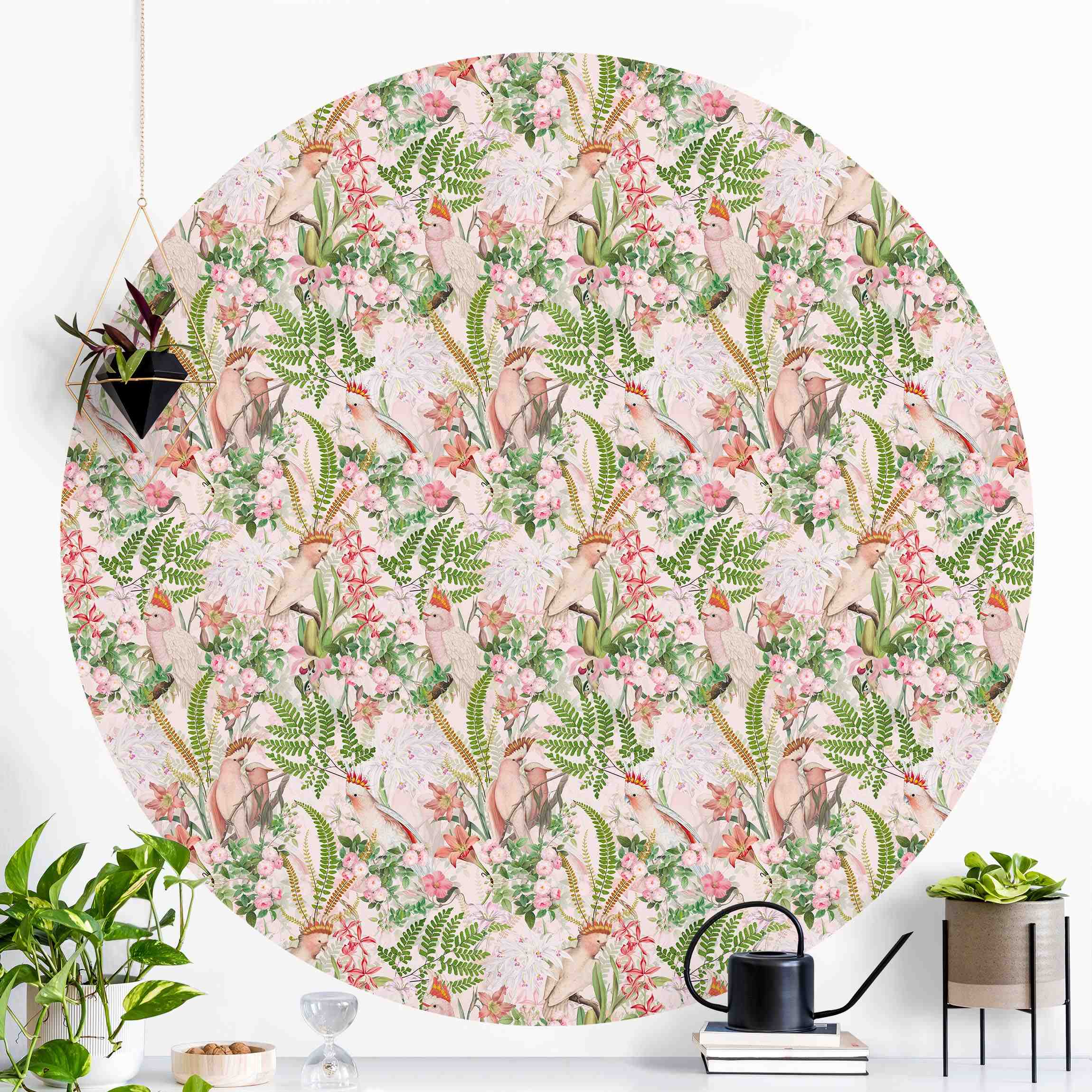 Runde Mustertapete Rosa Kakadus mit Blumen