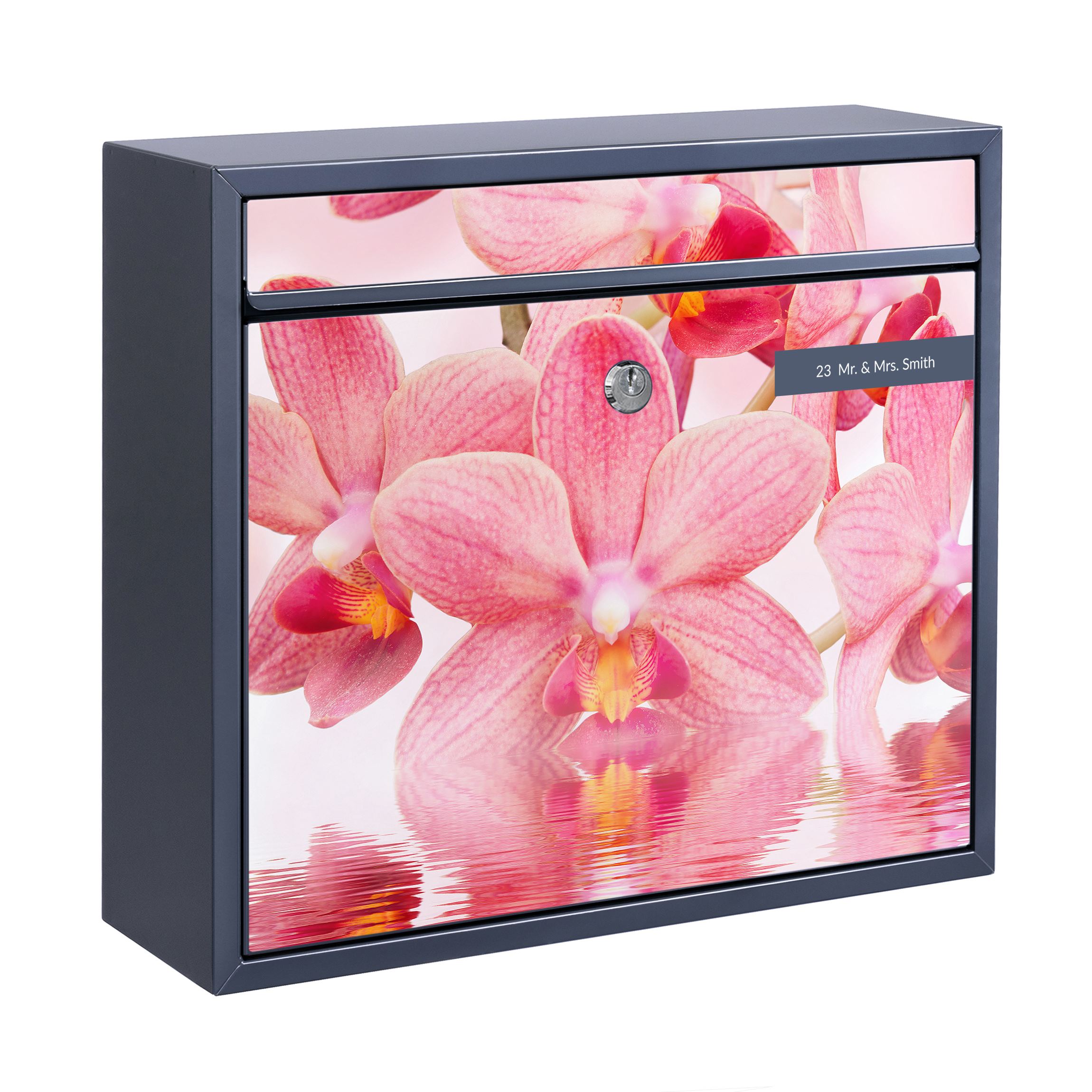 Briefkasten mit eigenem Text Rosa Orchideen auf Wasser