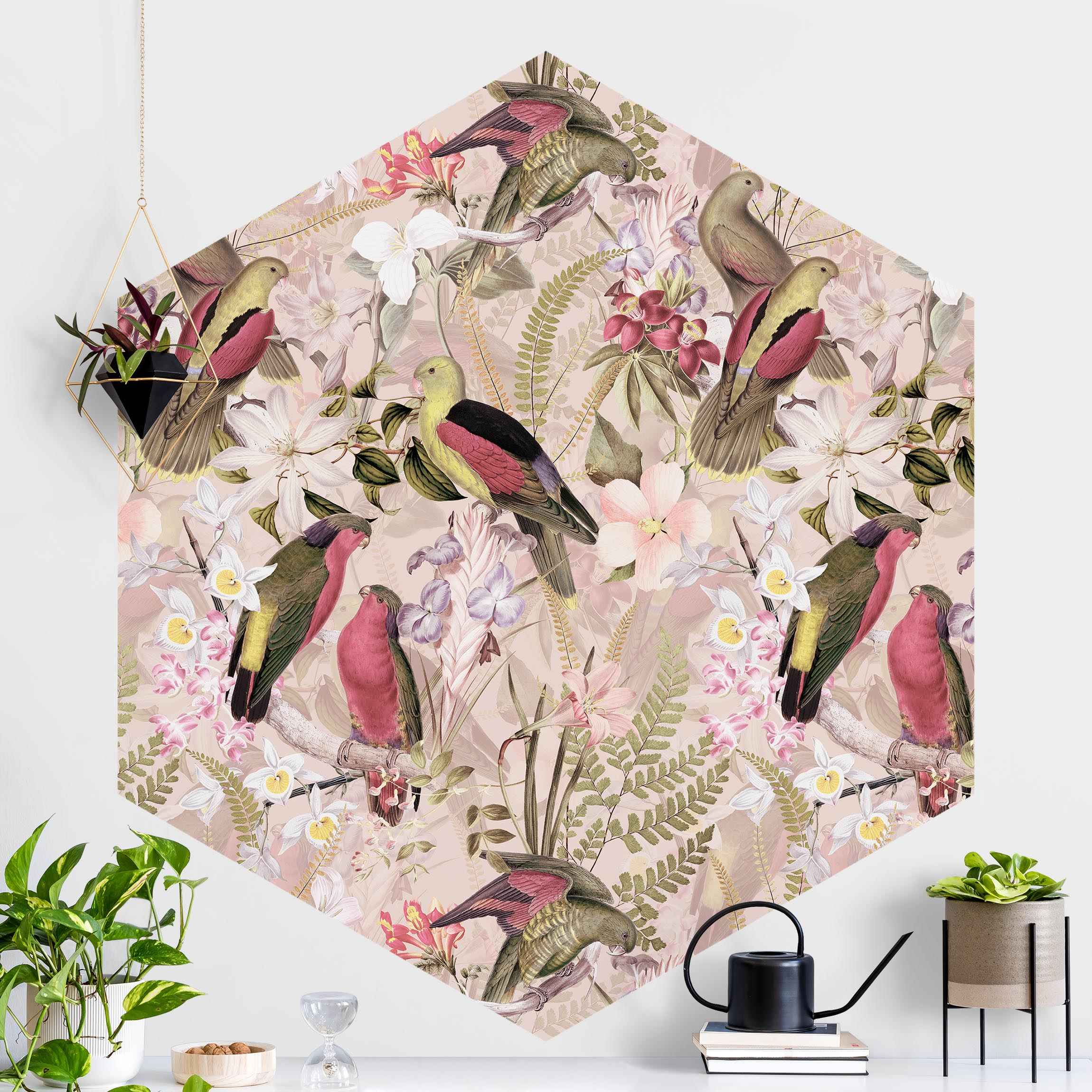 Hexagon Mustertapete Rosa Pastell Vögel mit Blumen