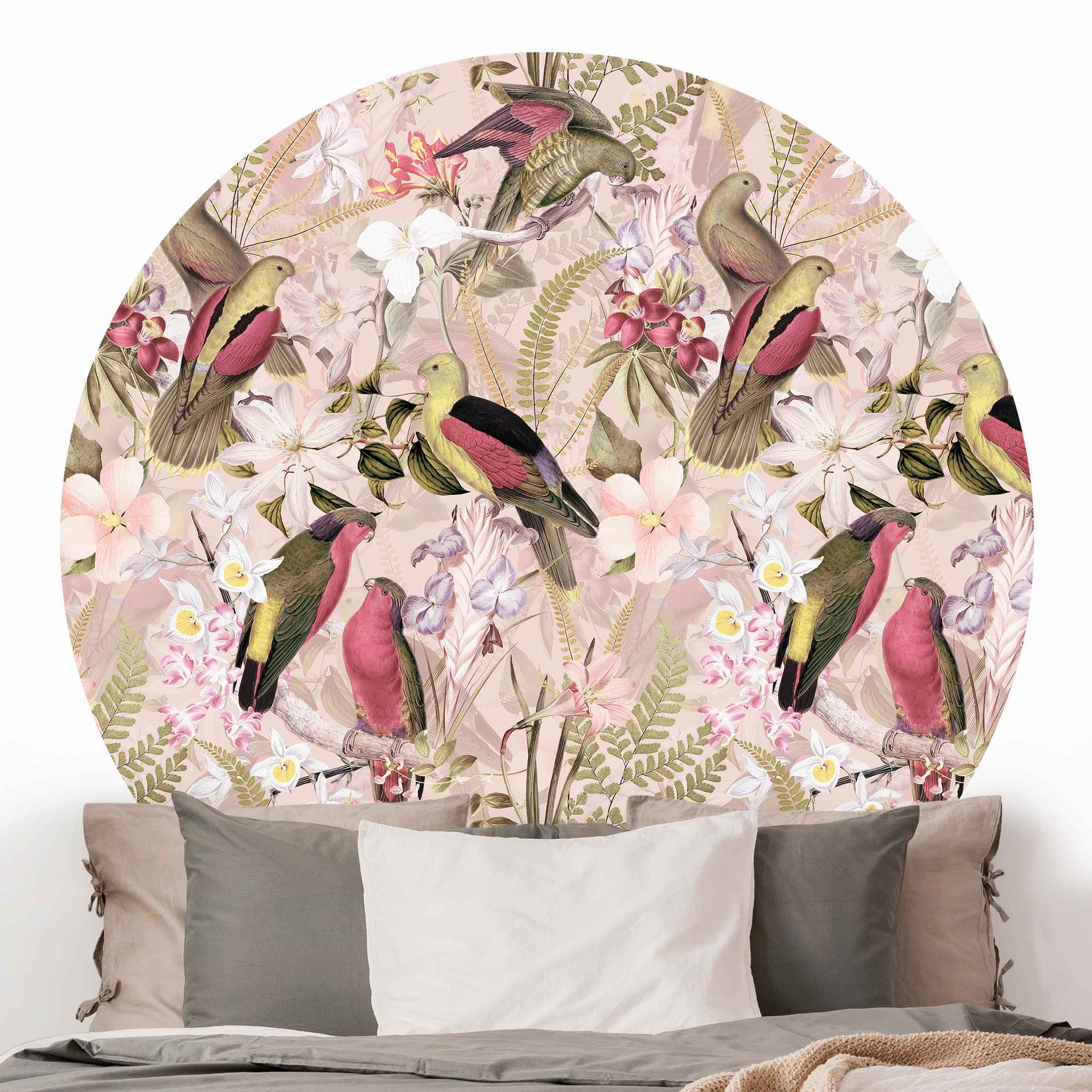 Runde Mustertapete Rosa Pastell Vögel mit Blumen
