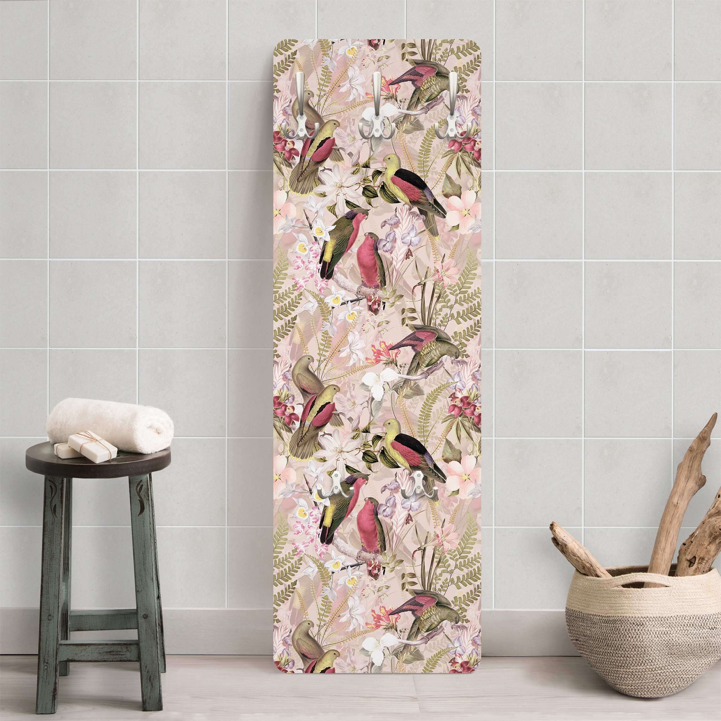 Wandgarderobe Rosa Pastell Vögel mit Blumen
