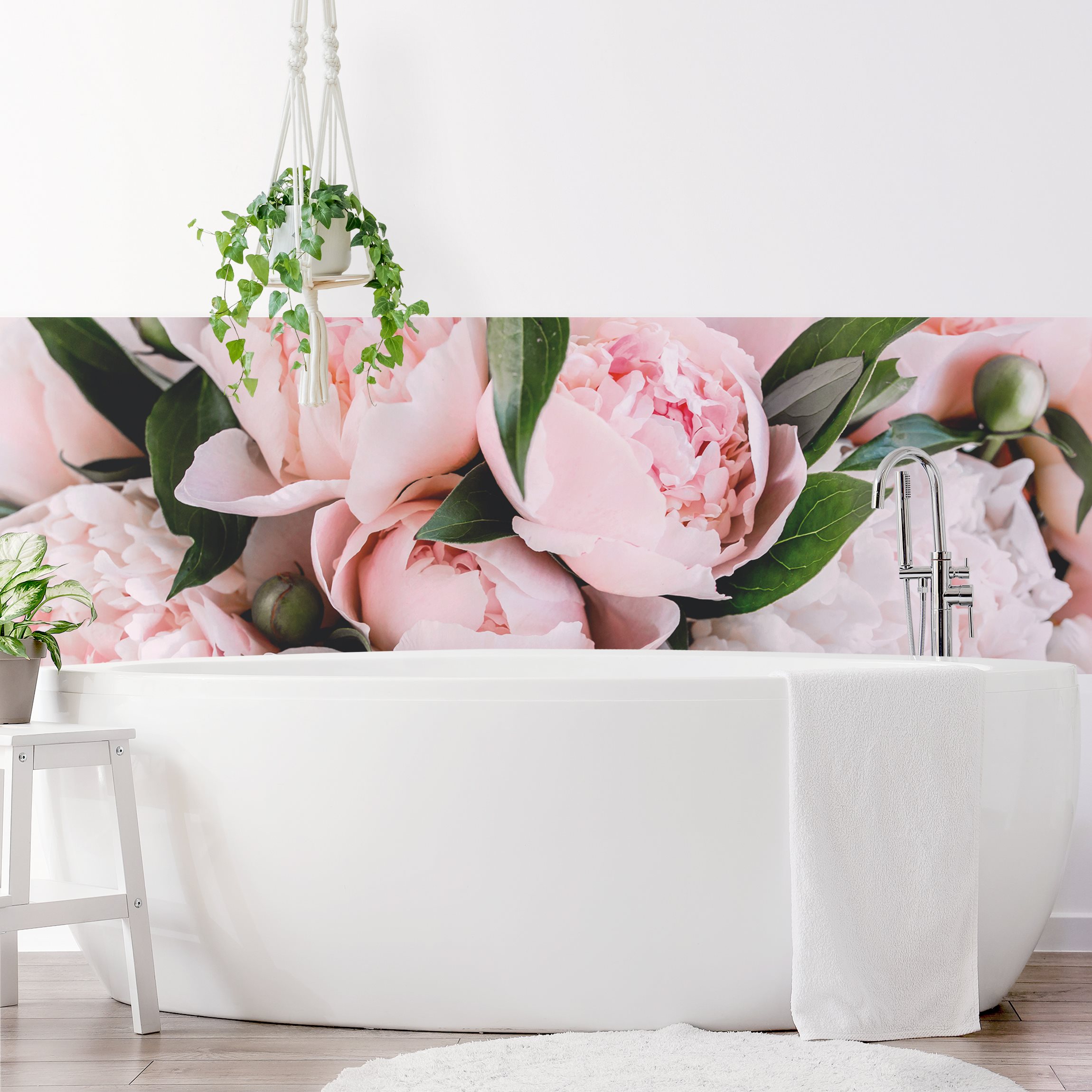 Wandverkleidung Bad Rosa Pfingstrosen mit Blättern