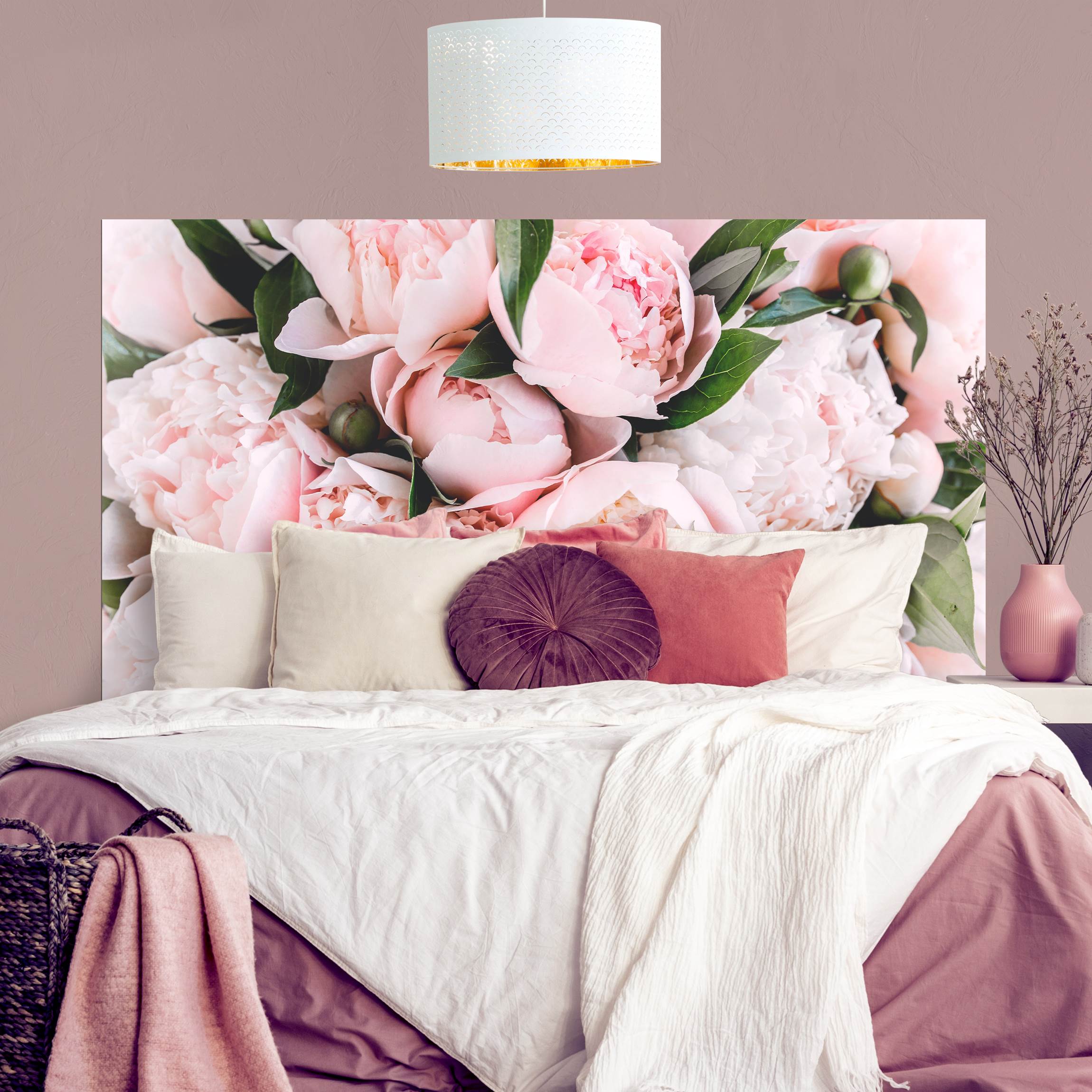 Kopfteil Bett Rosa Pfingstrosen mit Blättern